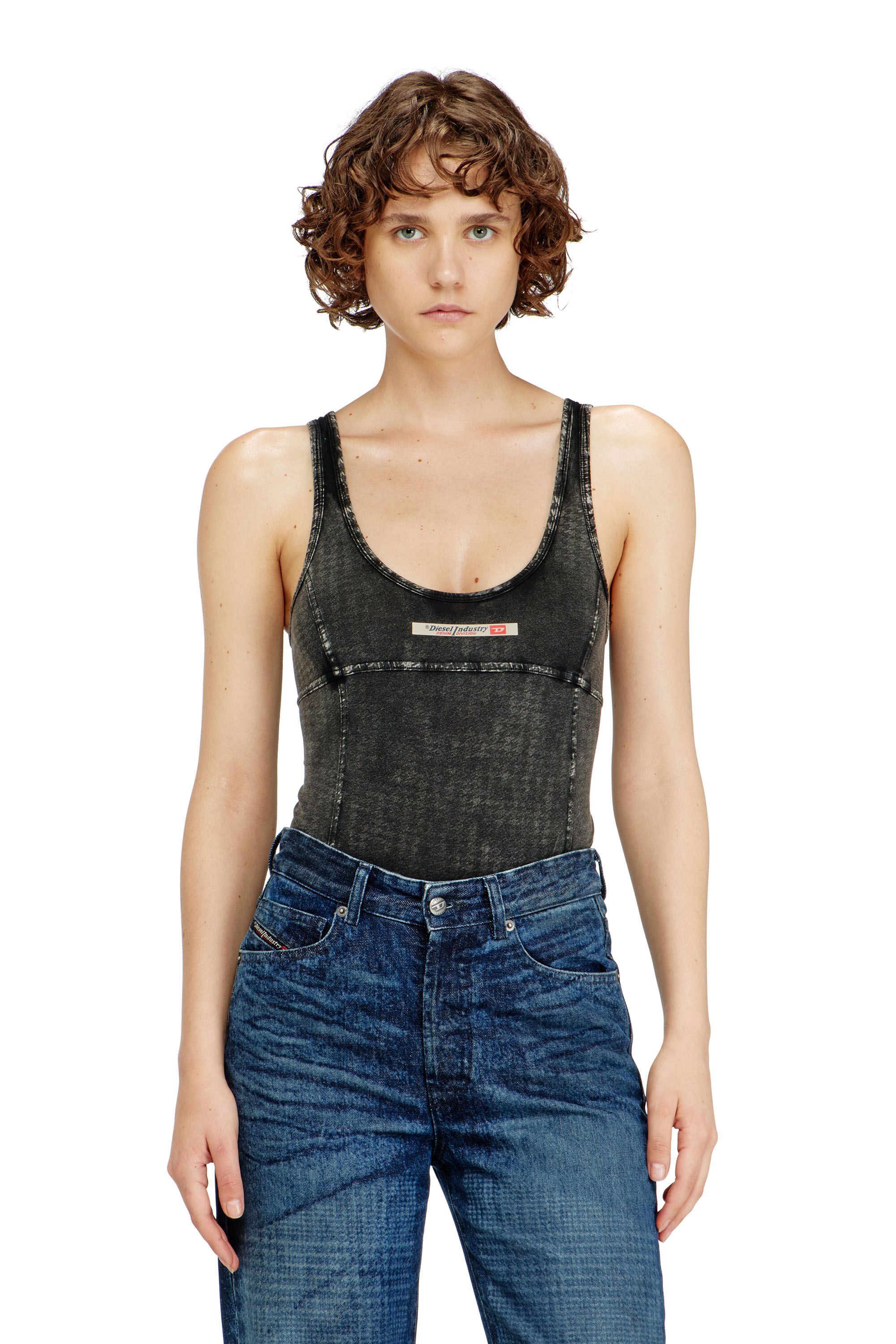 Diesel - PHOEBE-DNM, Woman's Cotton bodysuit with houndstooth print in Dark grey - 5