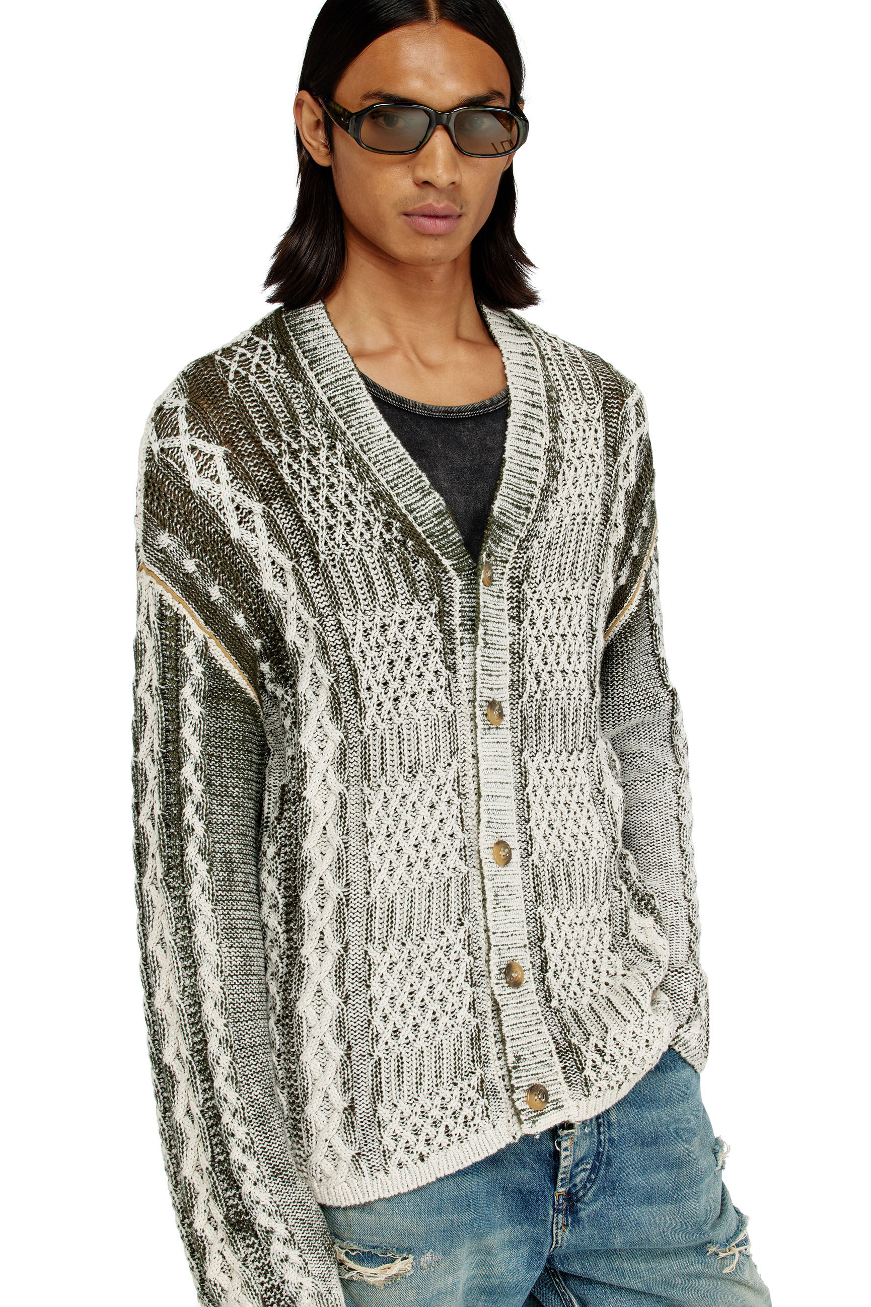 Diesel - K-MIOTO, Man's Treated cable-knit cardigan in White/Grey - 5