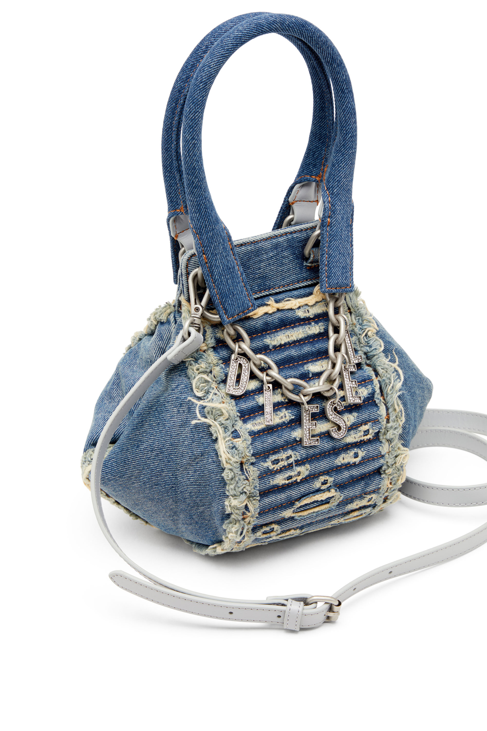 Diesel - D-VINA-XS, Woman D-Vina-Xs-Handbag in distressed quilted denim in Blue - Image 2