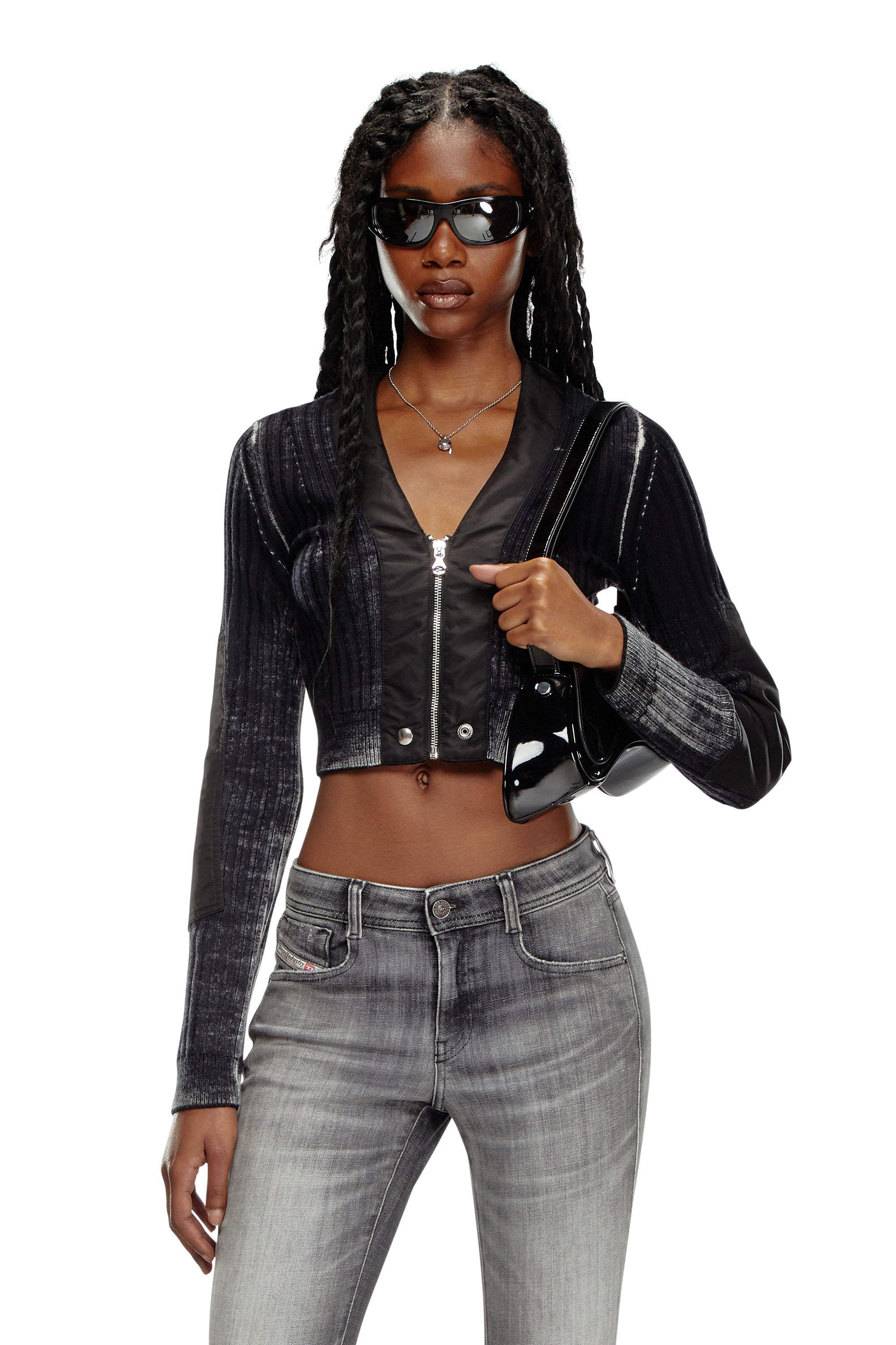 Diesel - M-ASERA, Woman Cropped wool cardigan with nylon trims in Black - Image 3