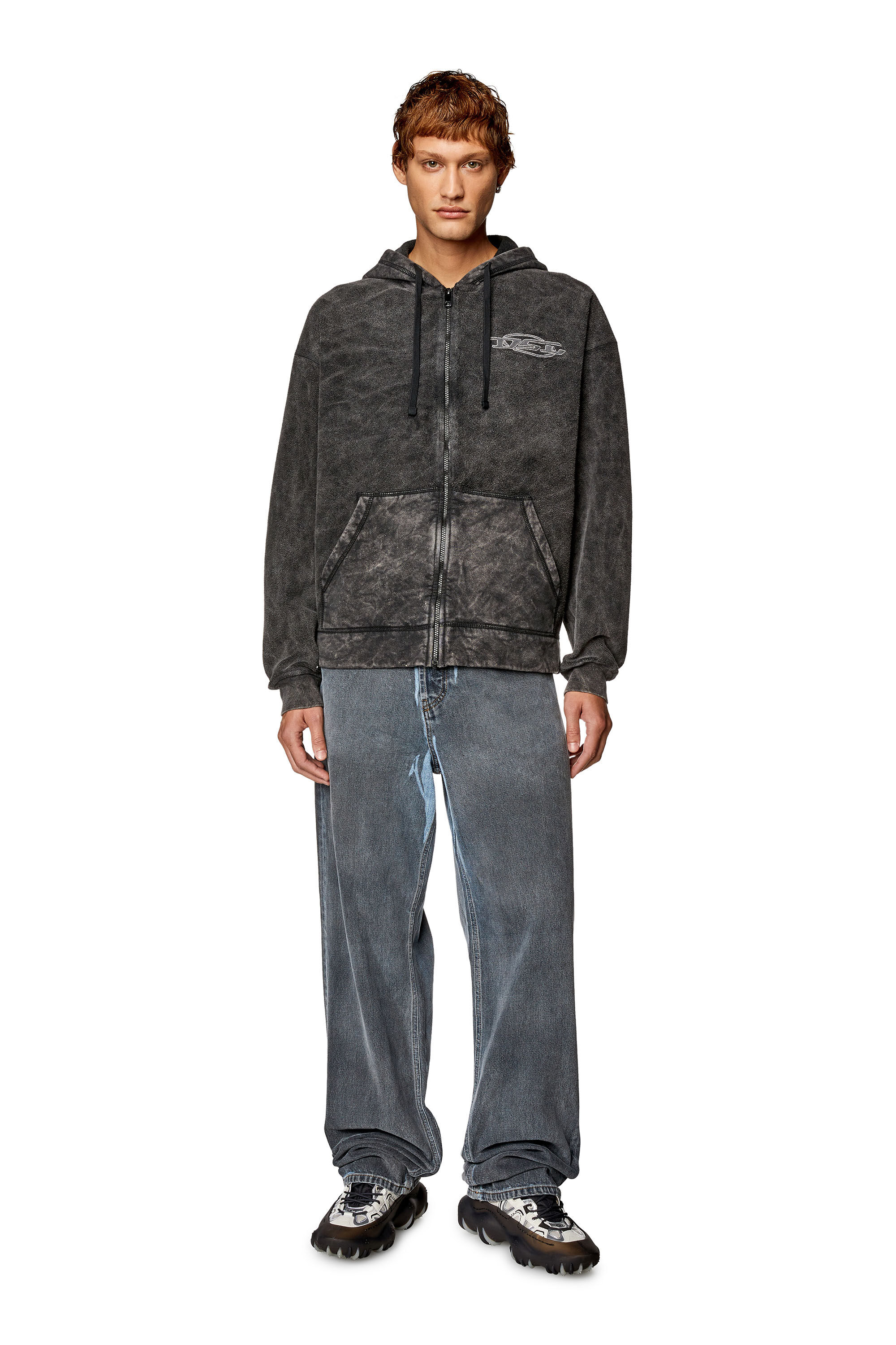 Diesel - S-ORS-HOOD-ZIP, Man Zip hoodie in marble-washed looped fleece in Black - Image 4