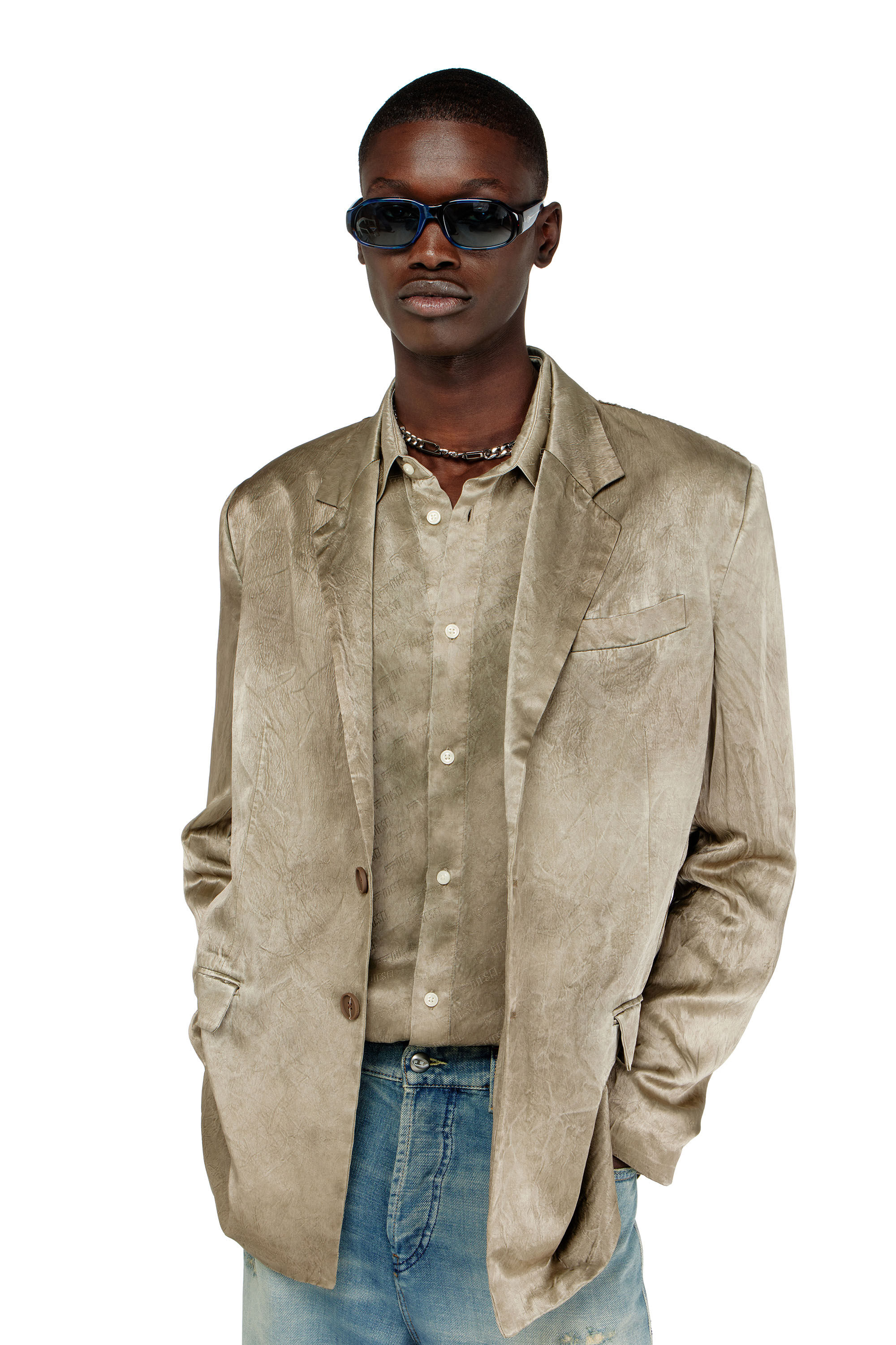 Diesel - J-ANDRE, Man's Blazer in wrinkled satin in Light Brown - 5