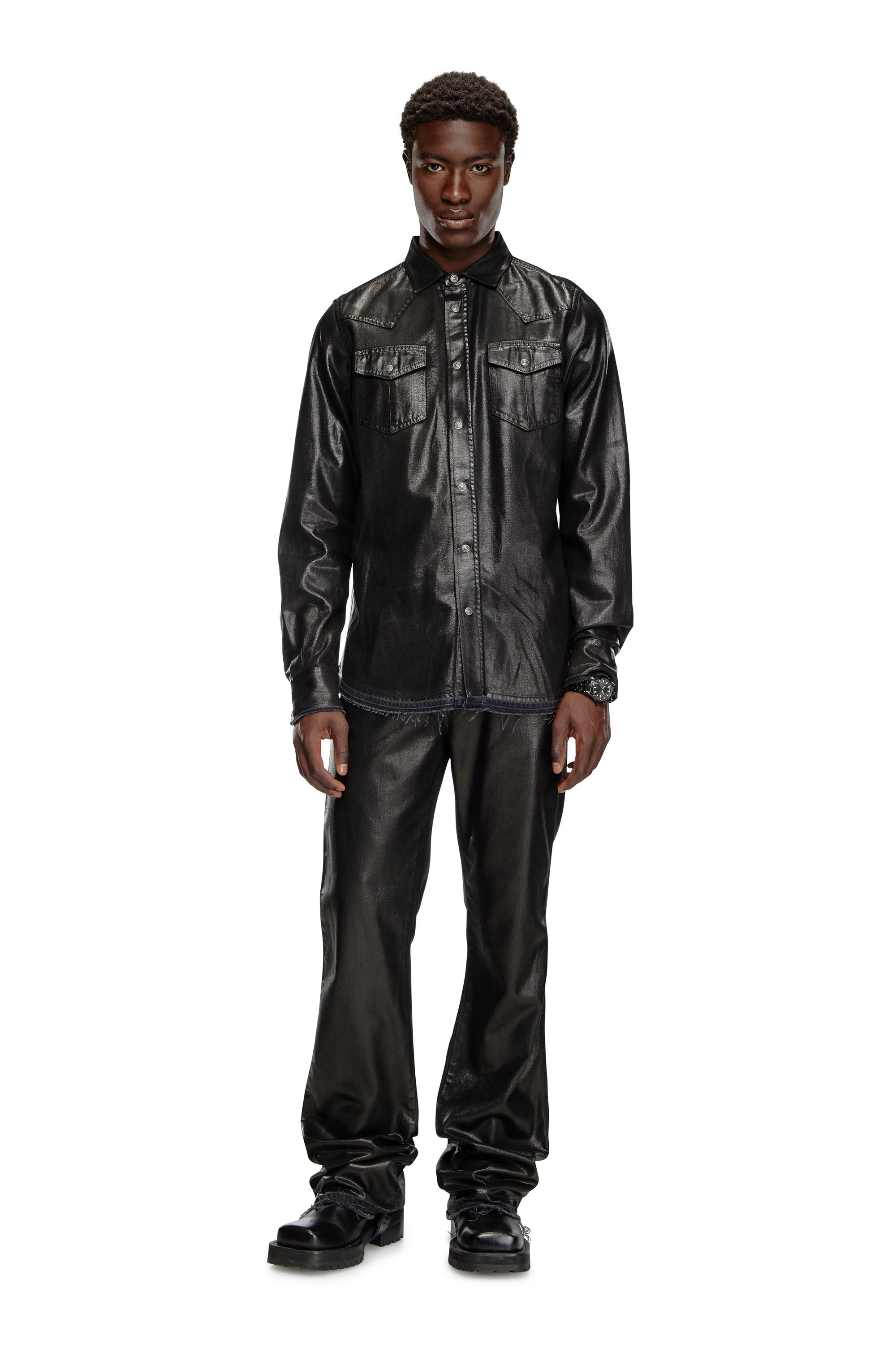 Diesel - D-VEGA, Man Overshirt in coated tailoring denim in Black - Image 1