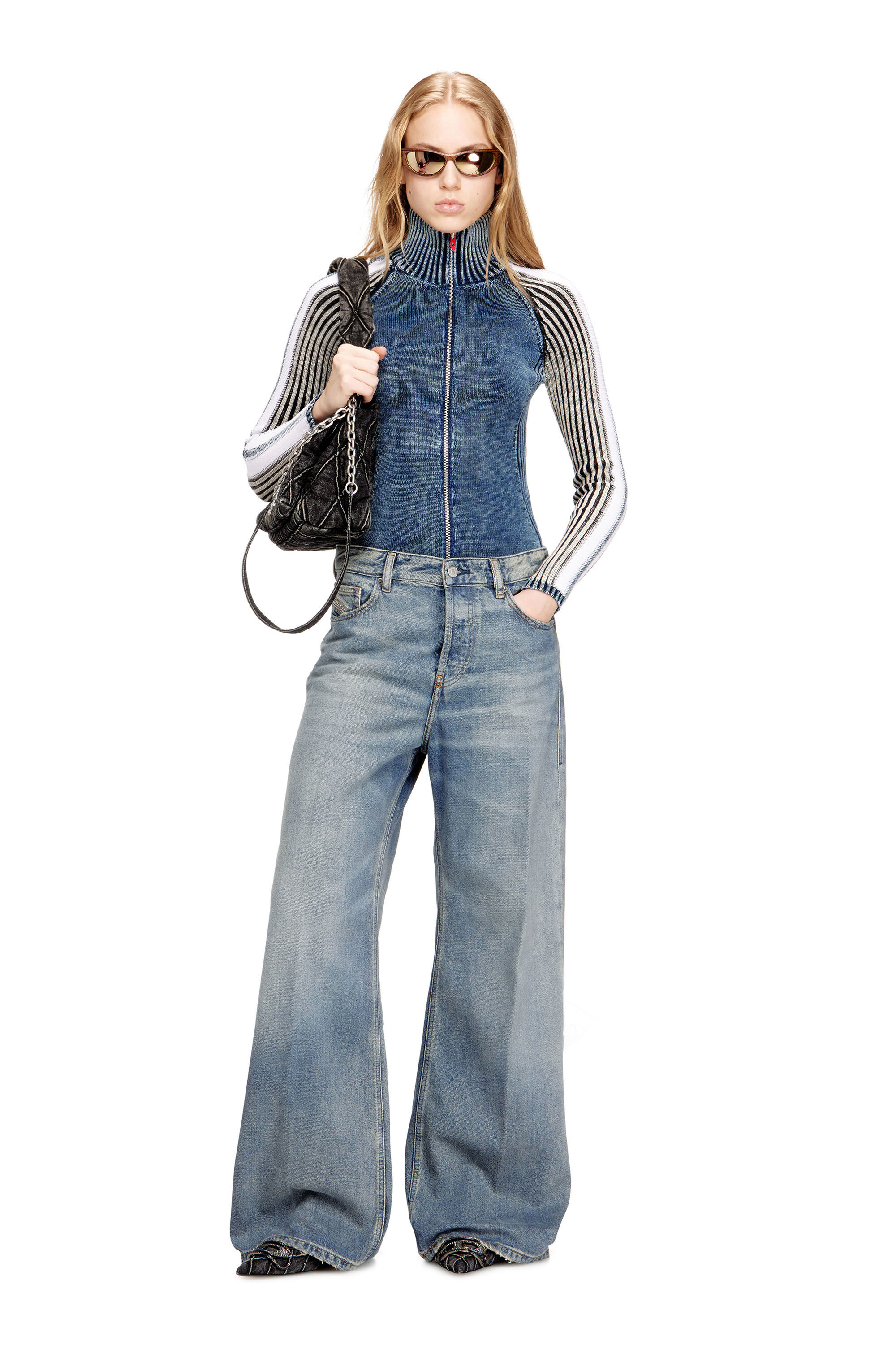 Diesel - CHARM-D SHOULDER M, Woman's Charm-D M-Shoulder bag in quilted denim in Black - 6