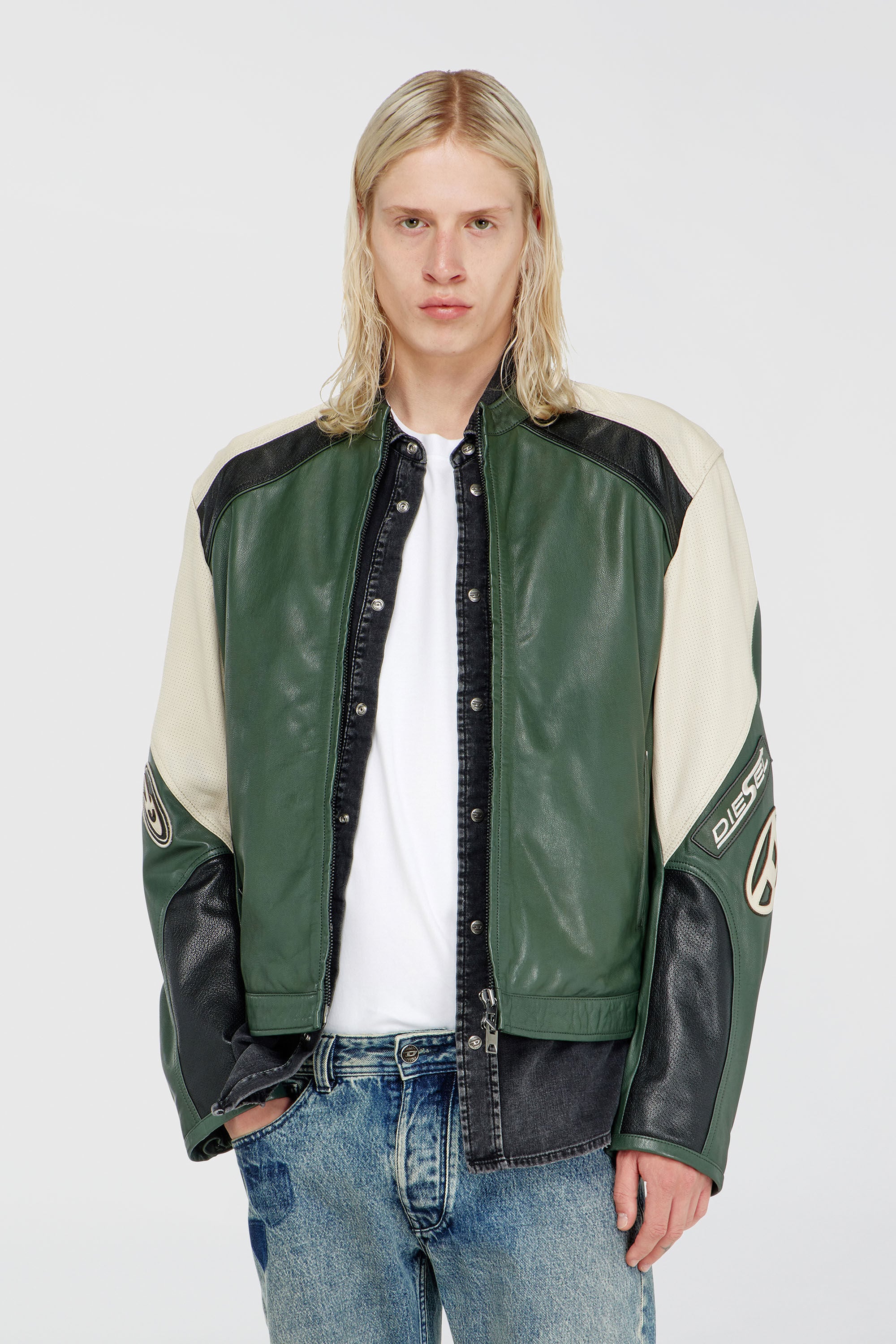 Diesel - L-AHTI, Man's Biker jacket in colour-block perforated leather in Beige/Black - 3