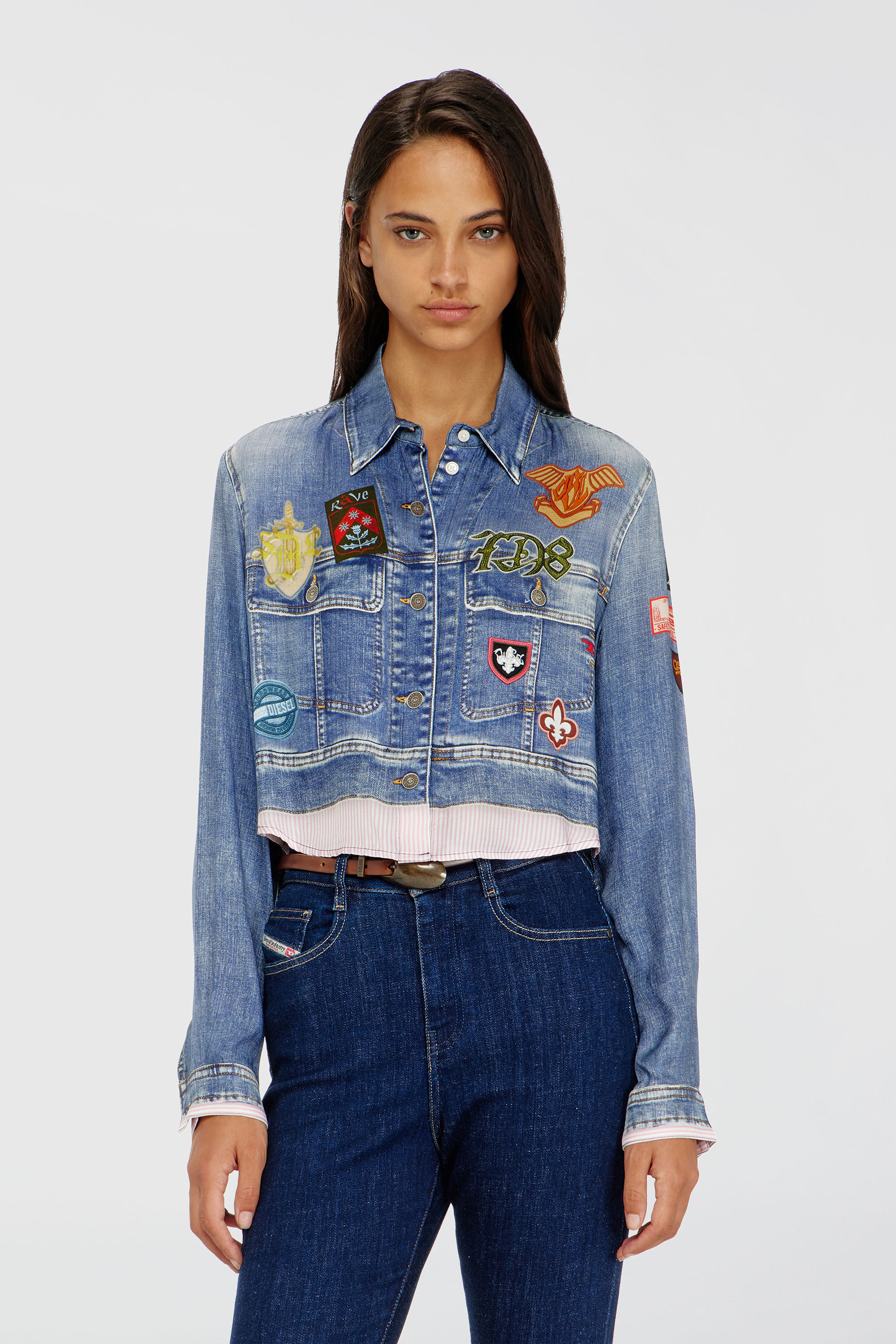 Diesel - C-LONE, Woman's Cropped satin shirt with trompe-l&rsquo;oeil denim print in Medium blue - 3