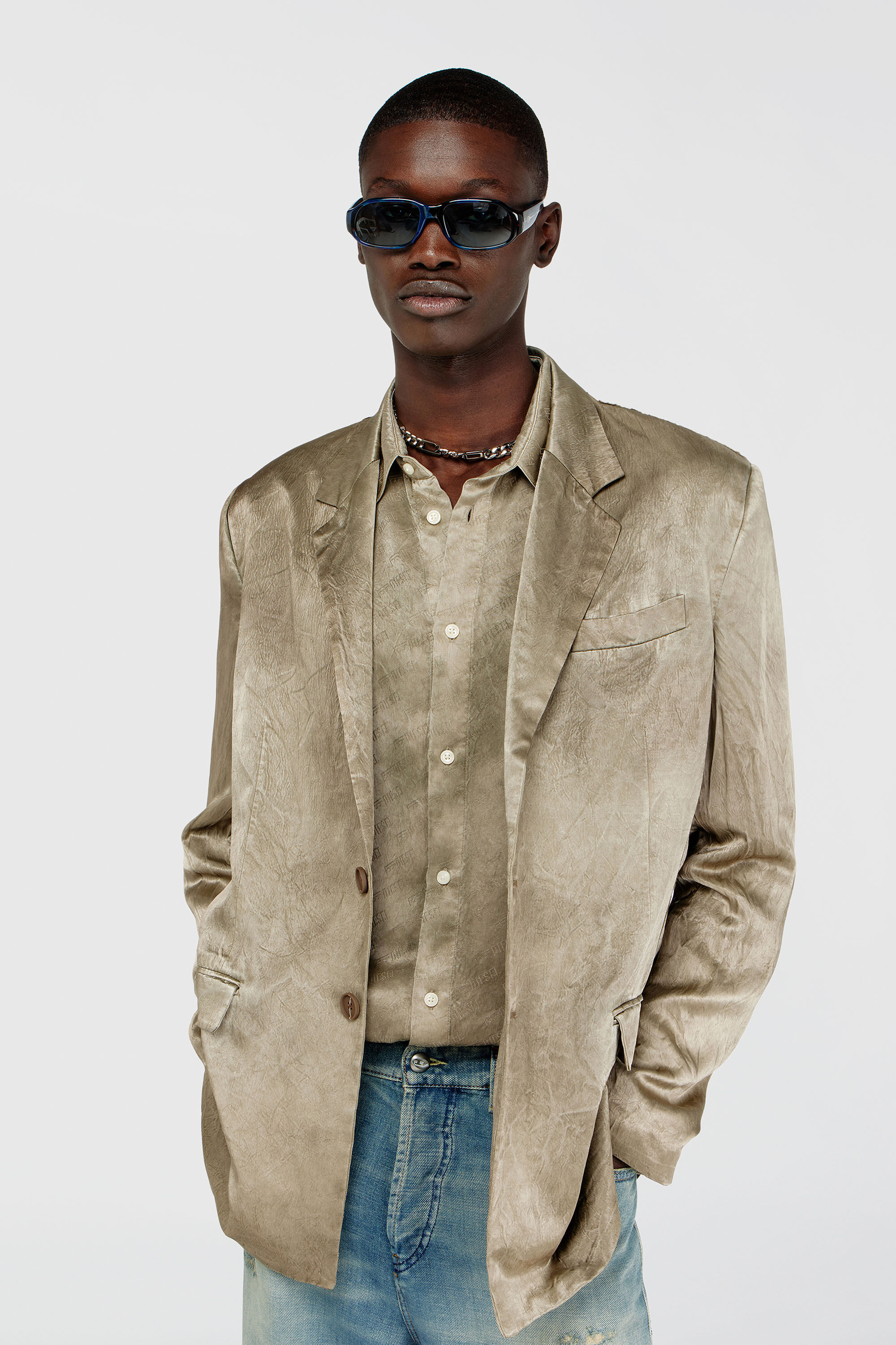 Diesel - J-ANDRE, Man's Blazer in wrinkled satin in Light Brown - 5