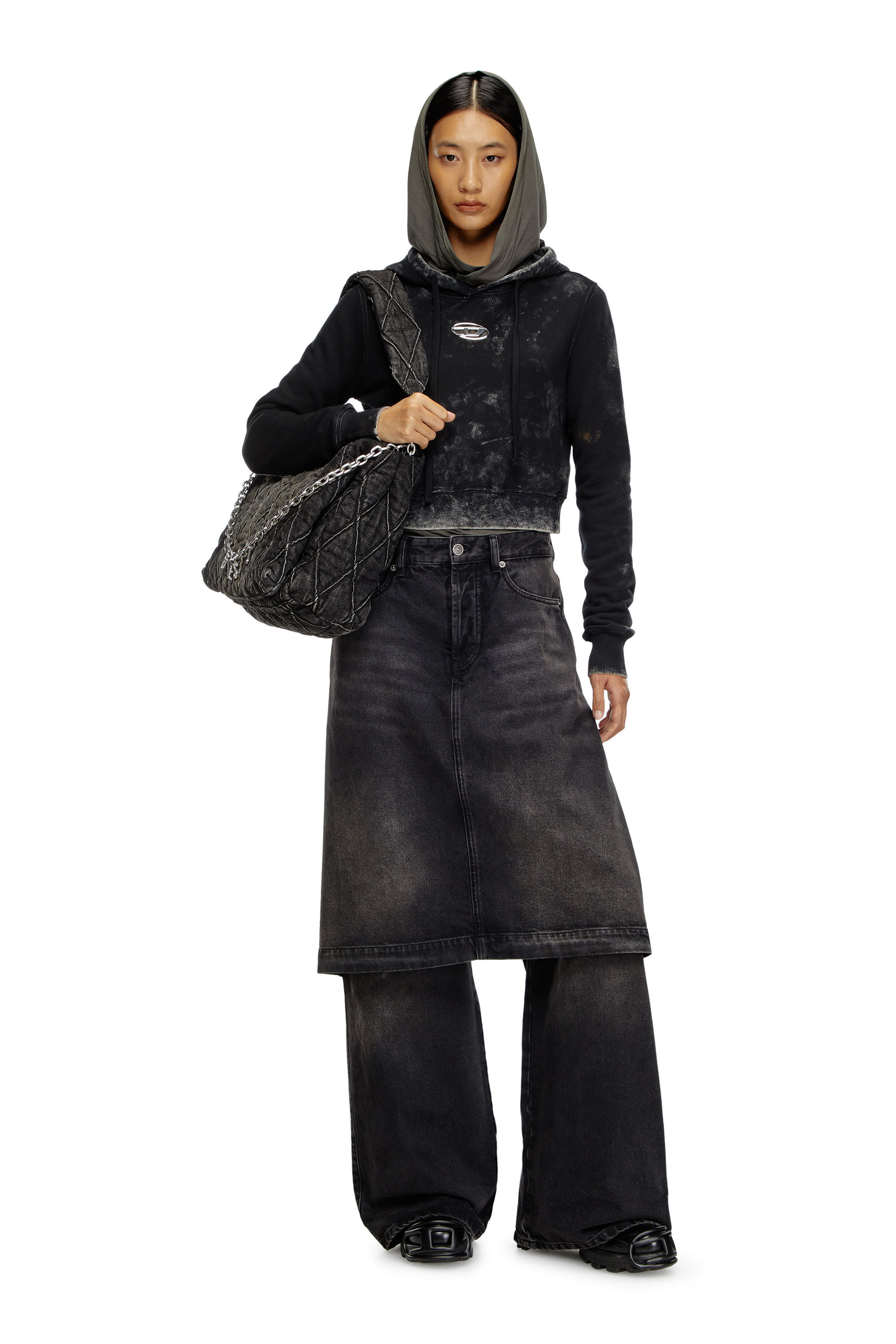 Diesel - F-SLIMMY-HOOD-P5, Woman Faded cut-out hoodie with metal logo in Black - Image 1