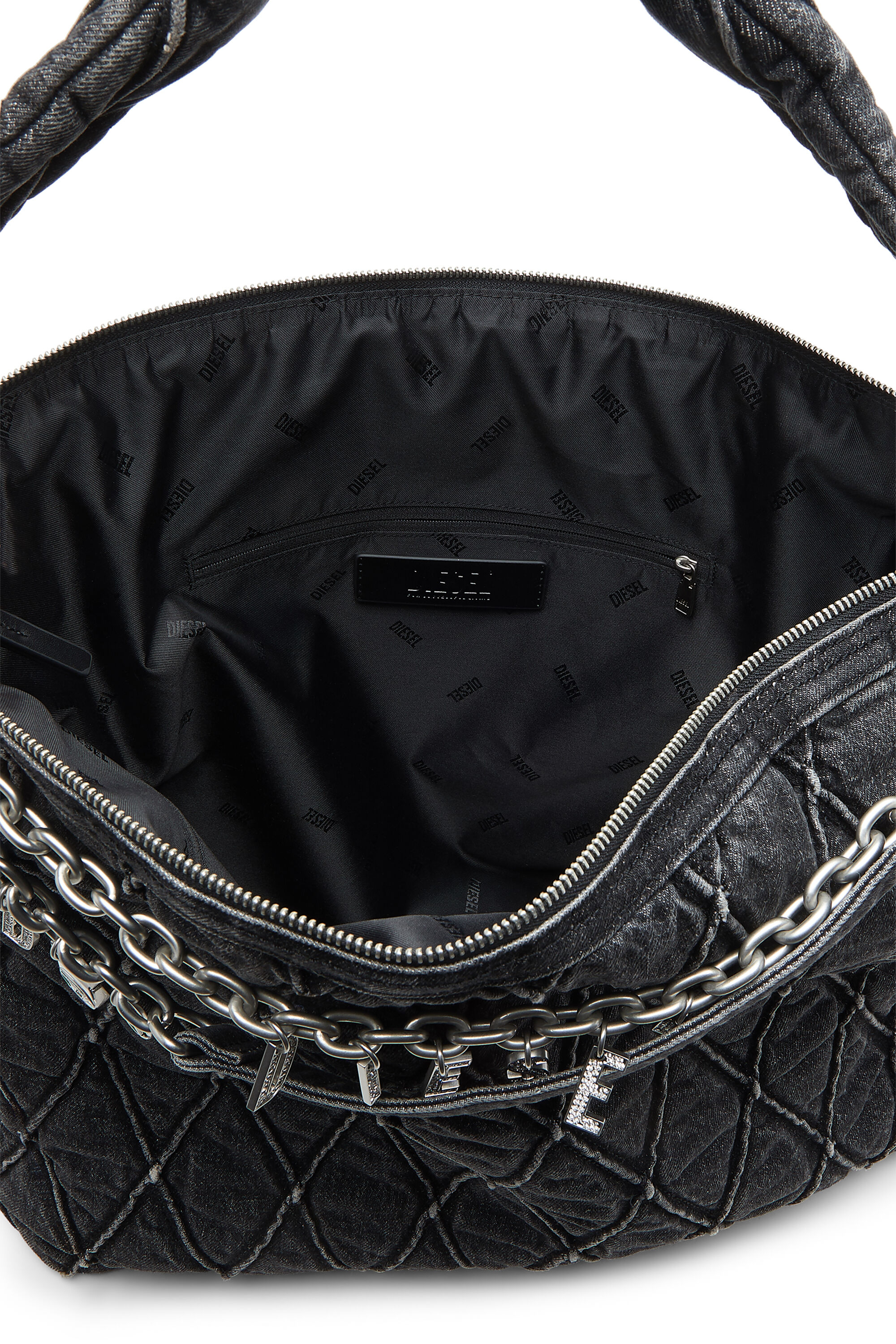 Diesel - HOSHI CHARM-D HOBO, Woman's Quilted-denim hobo bag with chain charms in Black - 5
