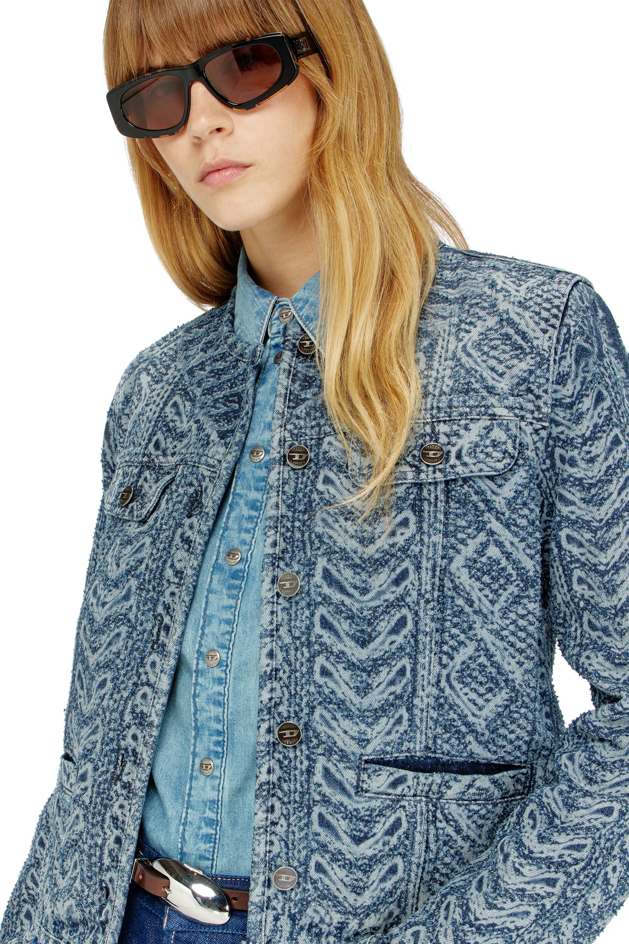 Diesel - DE-GRAFY-S2, Woman's Collarless jacket in cable-knit-effect denim in Dark Blue - 5