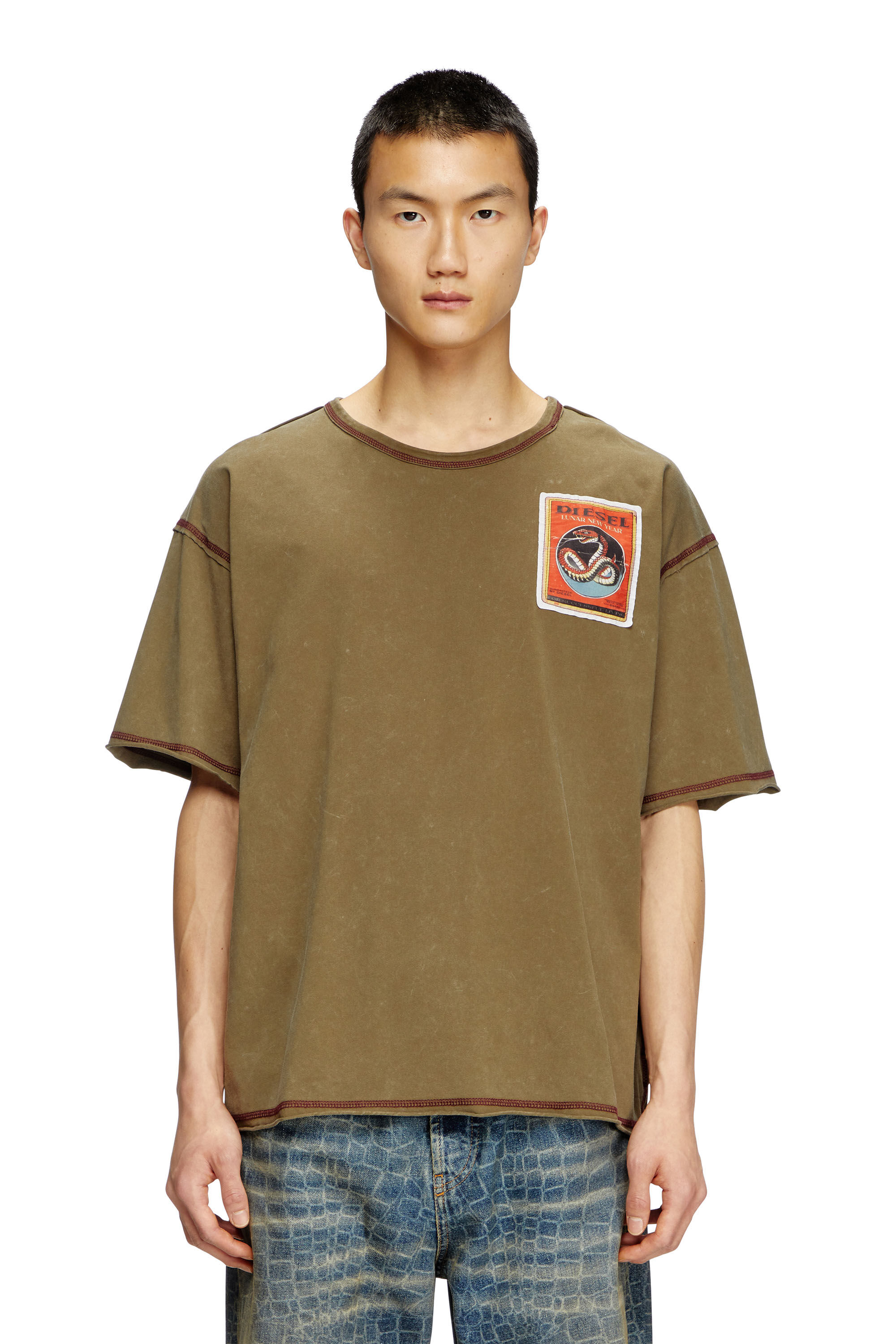 Diesel - CL-T-BOXT-SNAKE, Unisex's Treated T-shirt with snake patches in Olive Green - 3