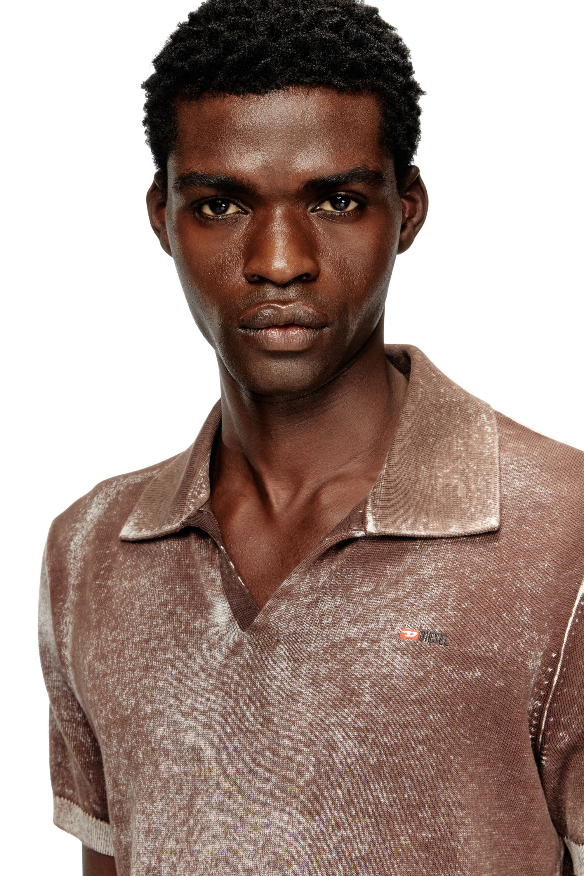 Men's Knit polo shirt with faded reverse print | Brown | Diesel KH