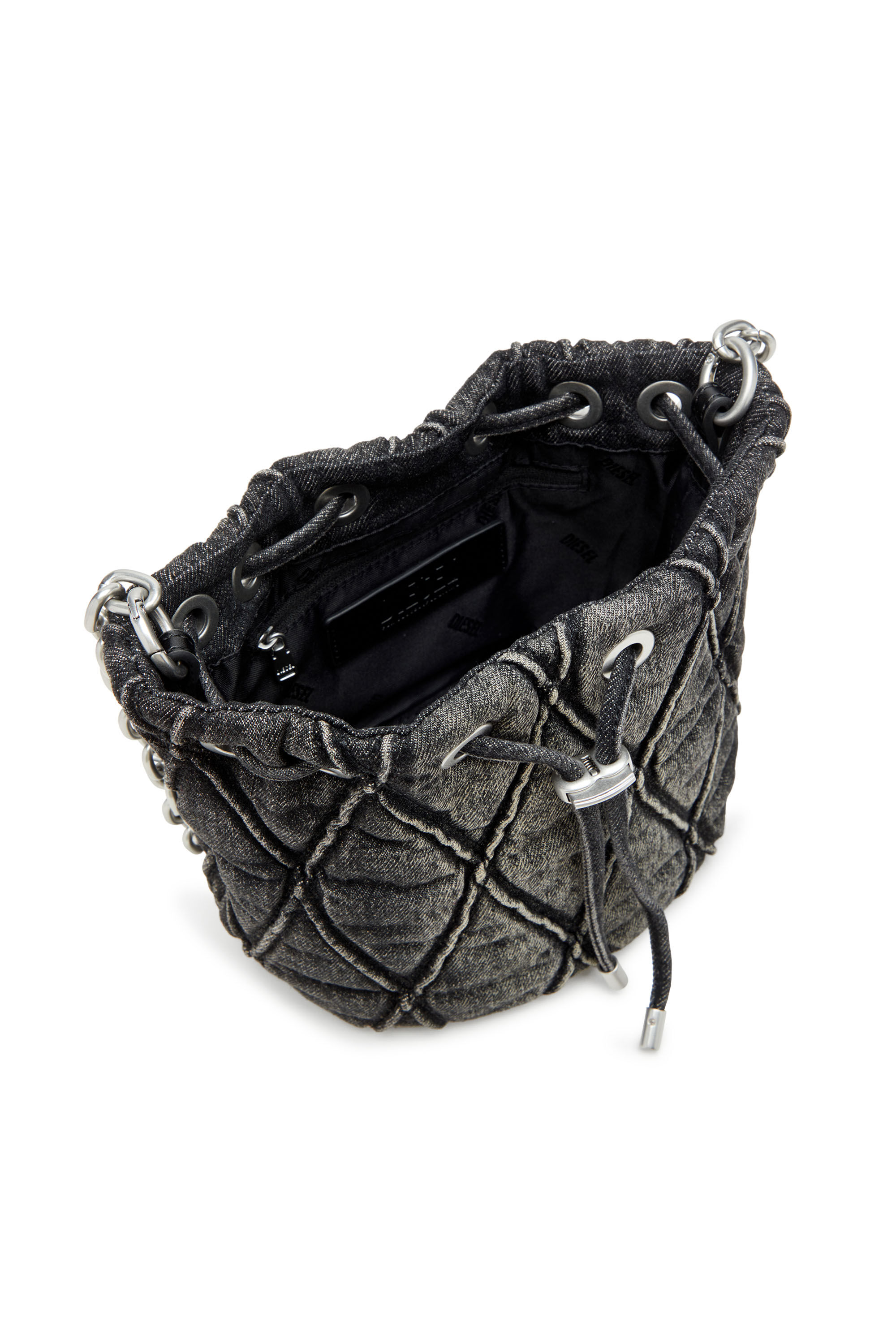 Diesel - CHARM-D BUCKET S, Woman's Mini bucket bag in treated quilted denim in Black - 5