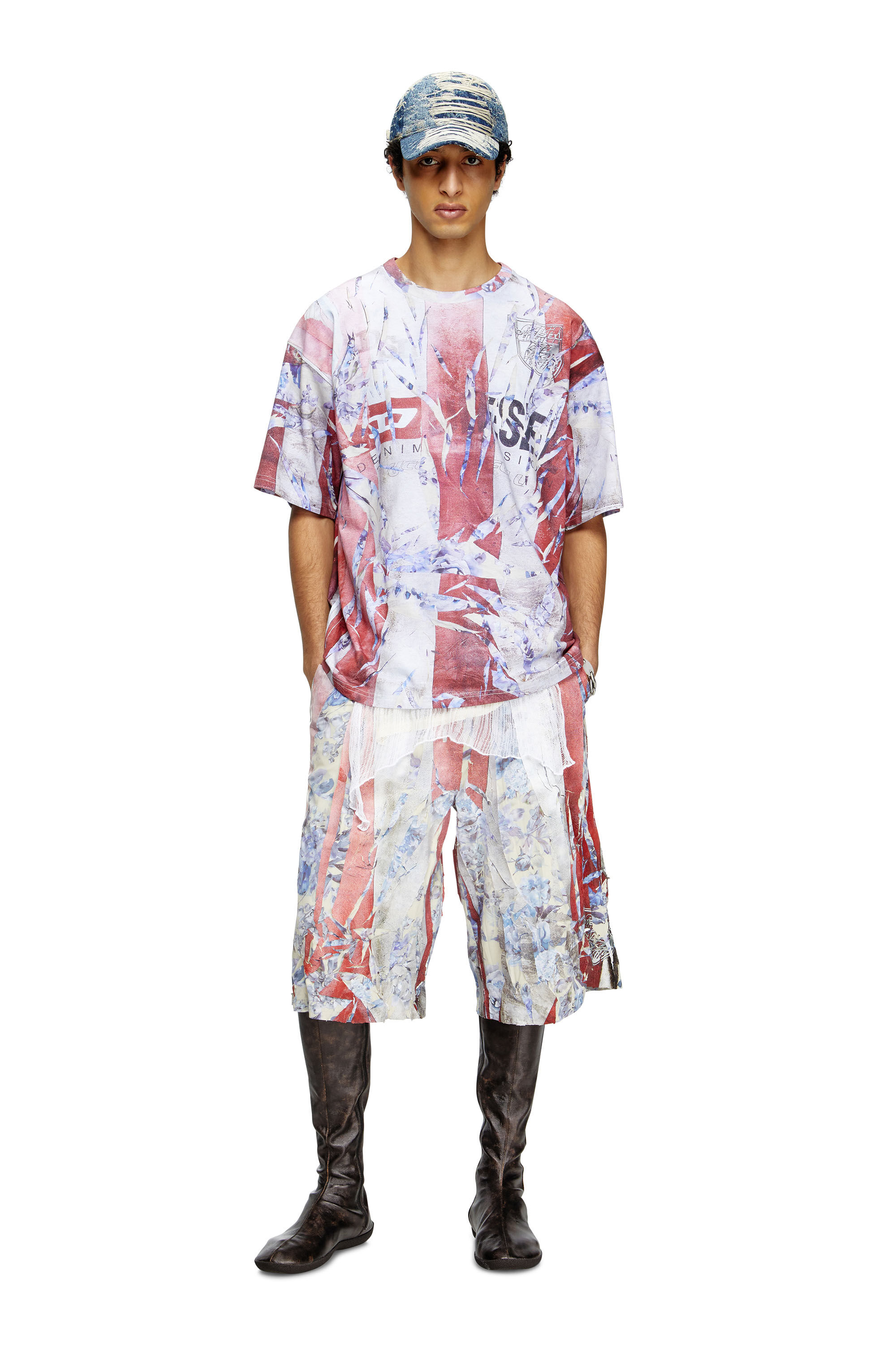 Diesel - T-BOXT-R13, Man's T-shirt with trompe l'oeil cracked print in Red/White - 1