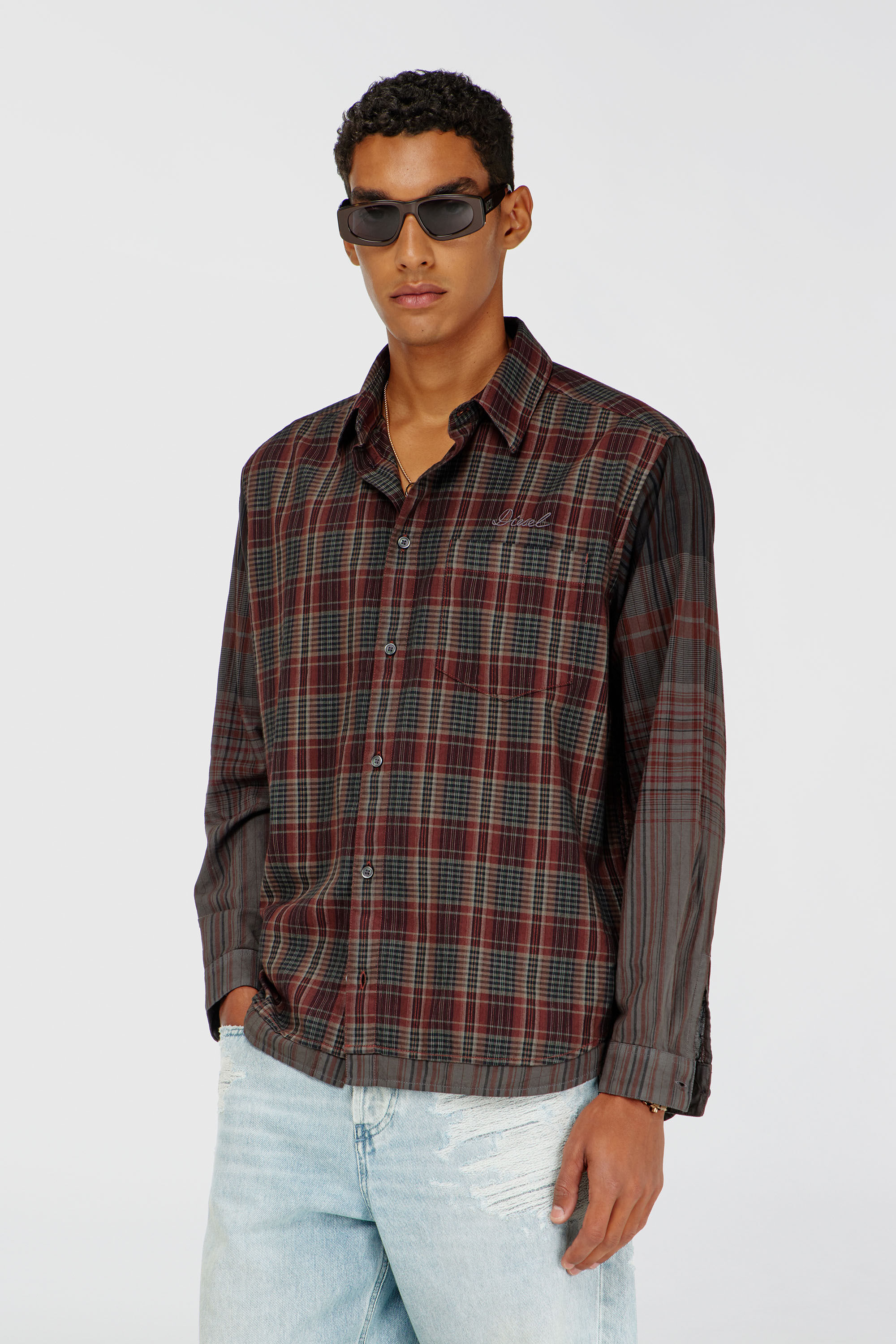 Diesel - S-TEN, Man's Shirt in metallic check flannel in Grey/Red - 3