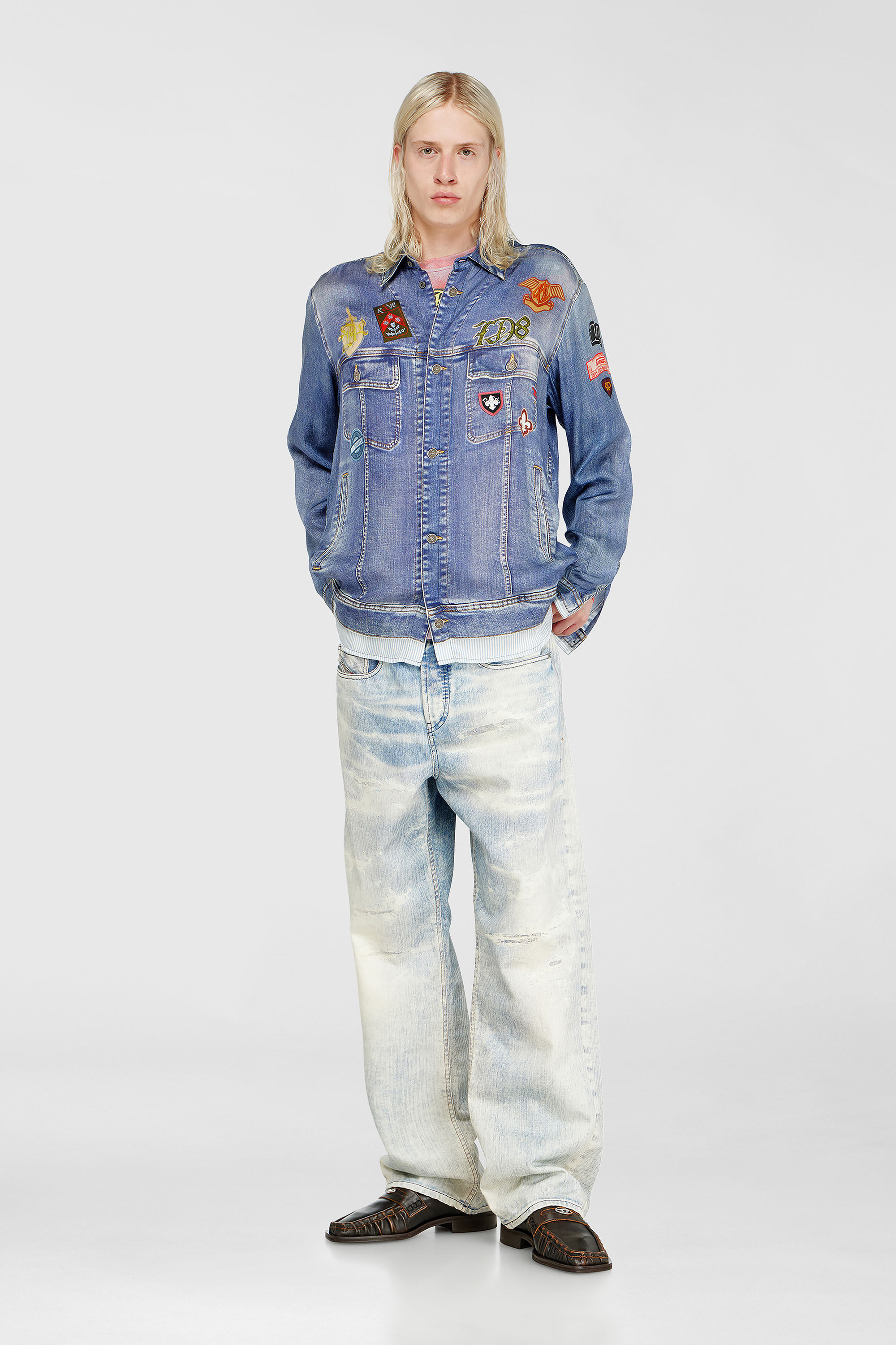 Diesel - S-SIMPLY-PATCH, Man's Satin shirt with trompe-l'oeil denim print in Medium blue - 1