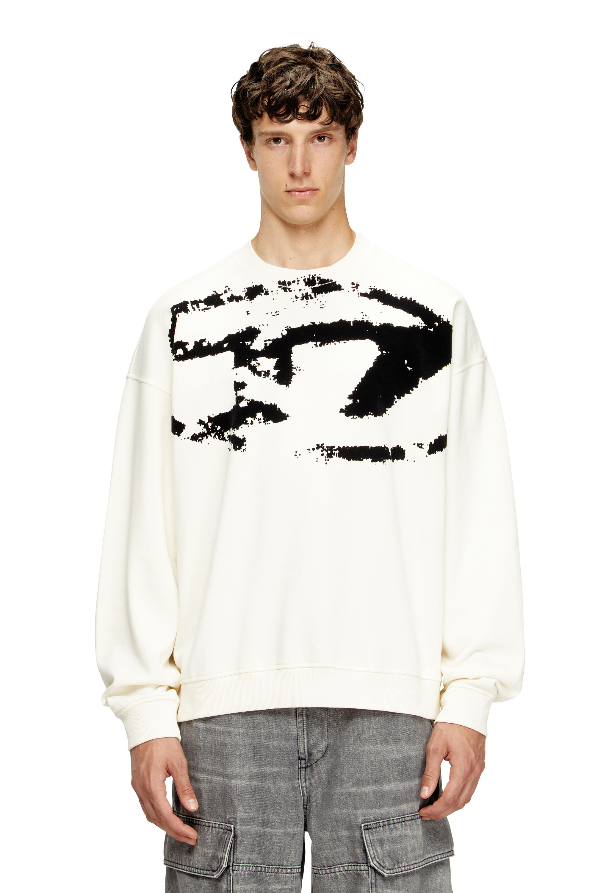Diesel - S-BOXT-N5, Man's Sweatshirt with distressed flocked logo in White/Black - 3