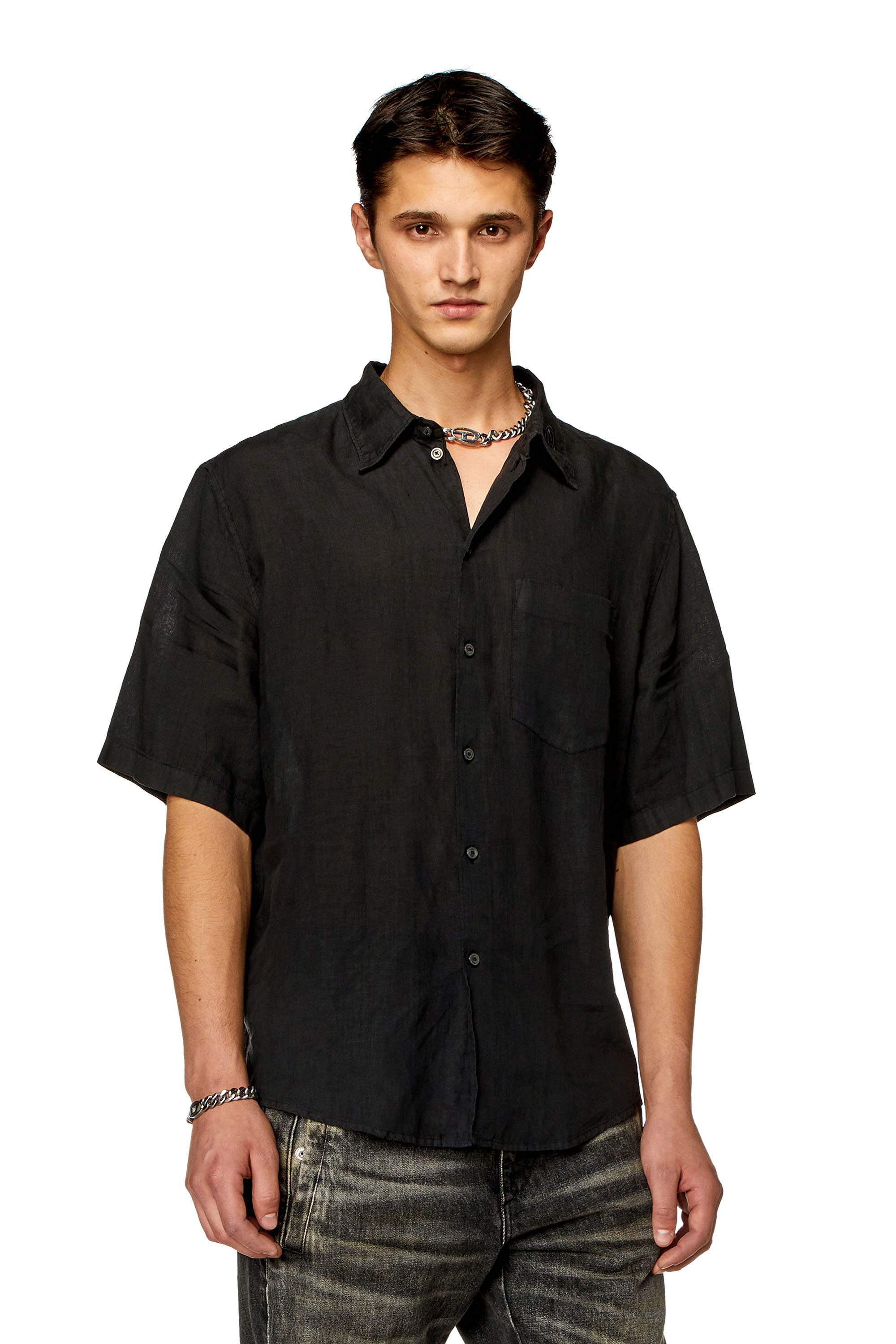 Diesel - S-EMIL-SHORT, Man Short-sleeve linen shirt in Black - Image 1