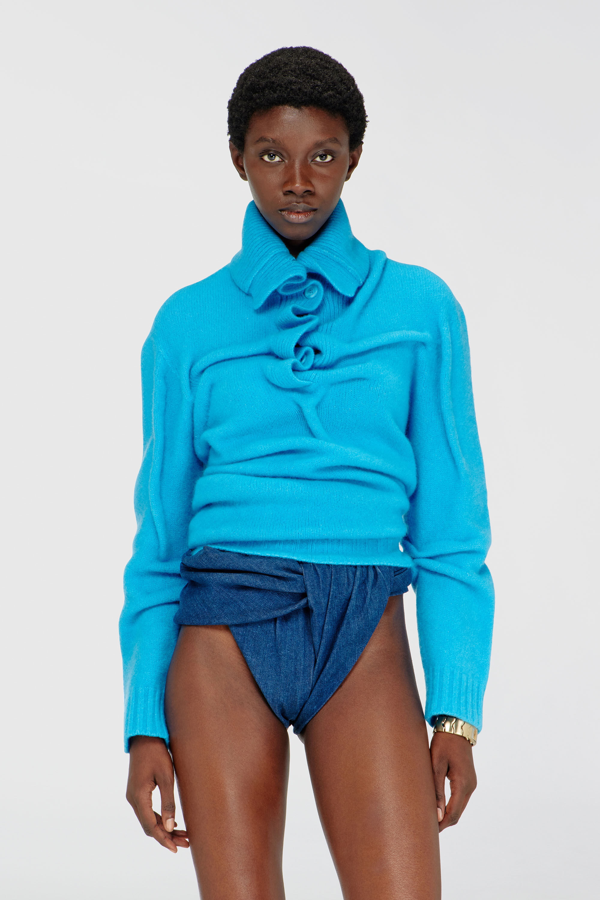 Diesel - M-AMARY, Woman's Button-neck jumper in wrinkled boiled knit in Azure - 3
