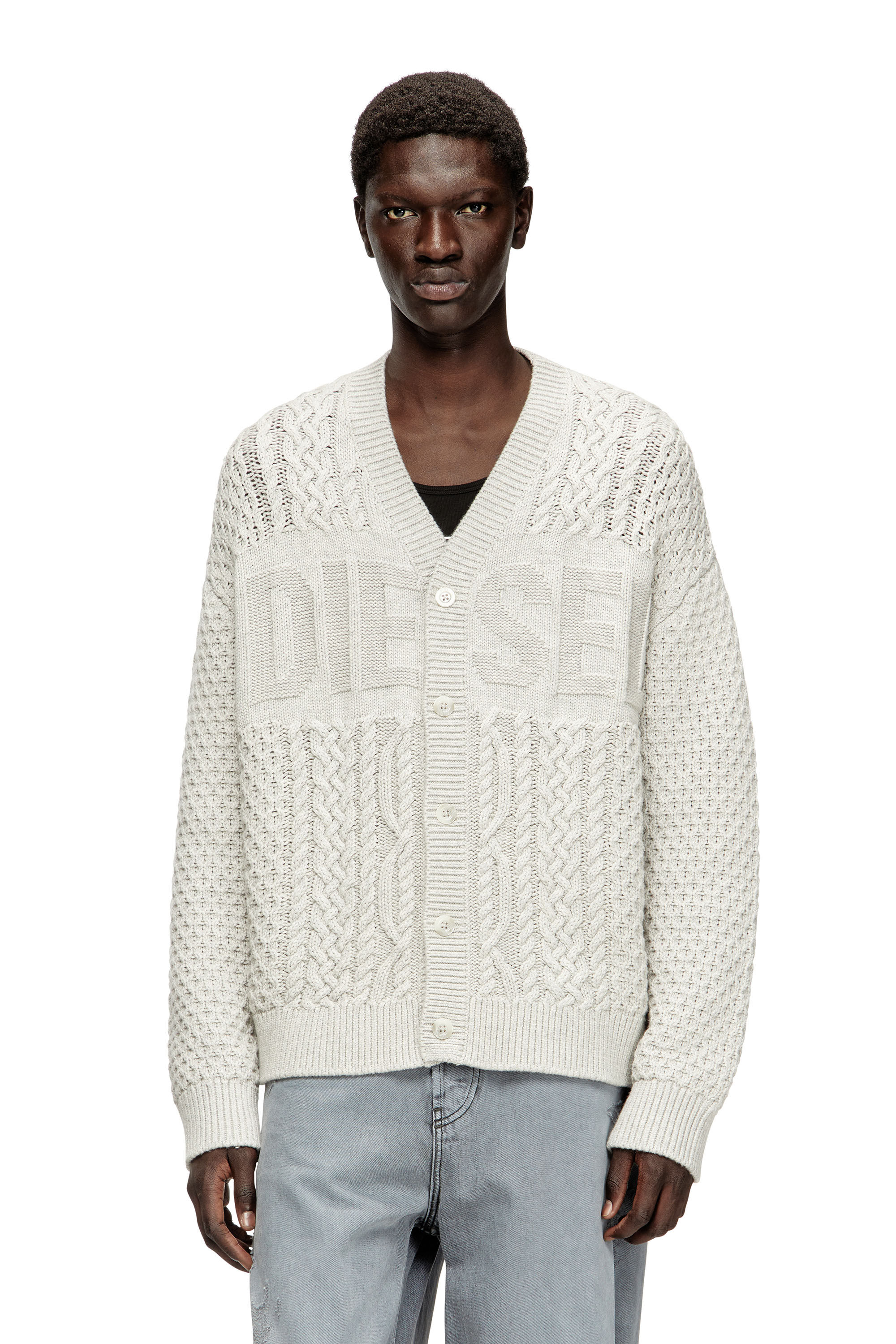 Men's Cable-knit cardigan with Diesel logo | Grey | Diesel KH