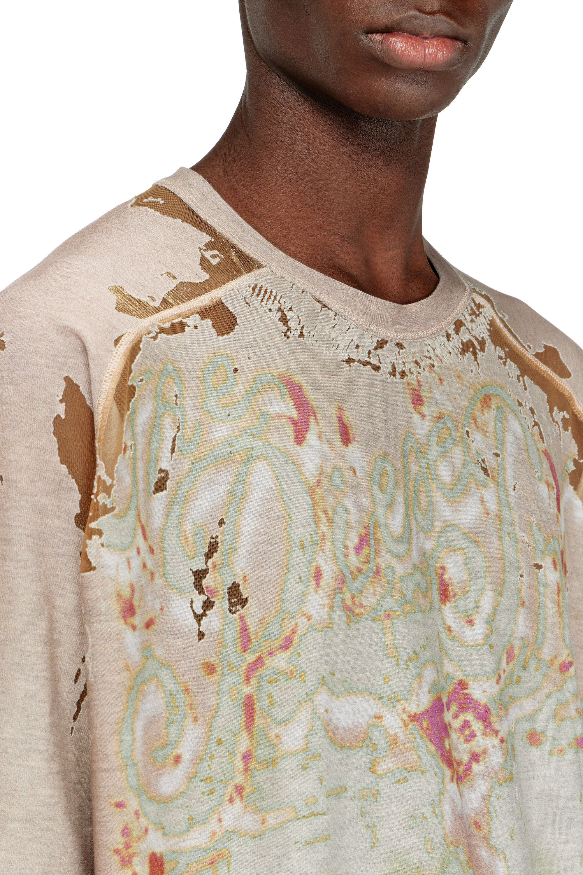 Diesel - T-LIVO, Man's T-shirt in printed devor&eacute; jersey in Light Brown - 5
