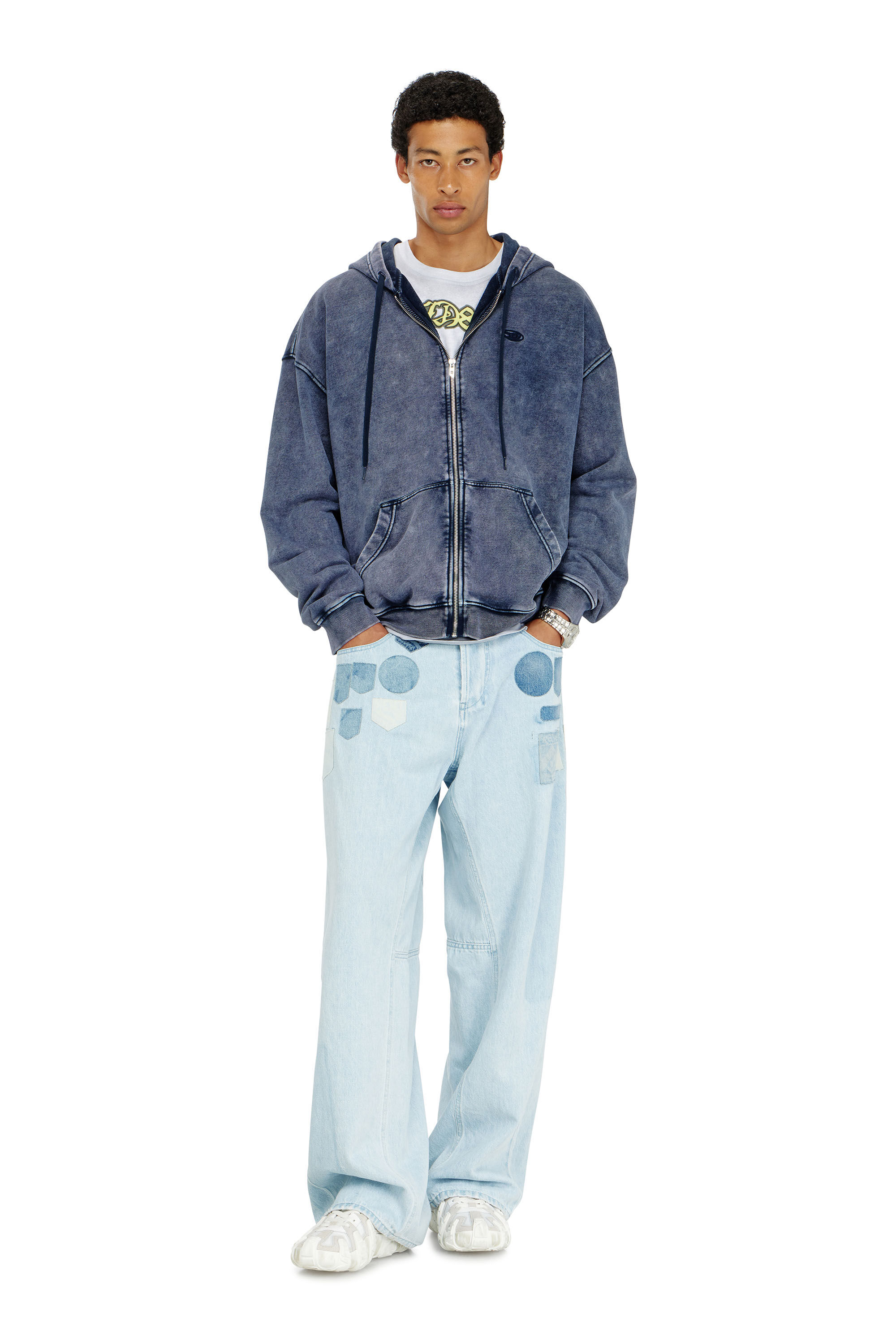 Men's Zip-up hoodie in treated cotton fleece | Blue | Diesel KH