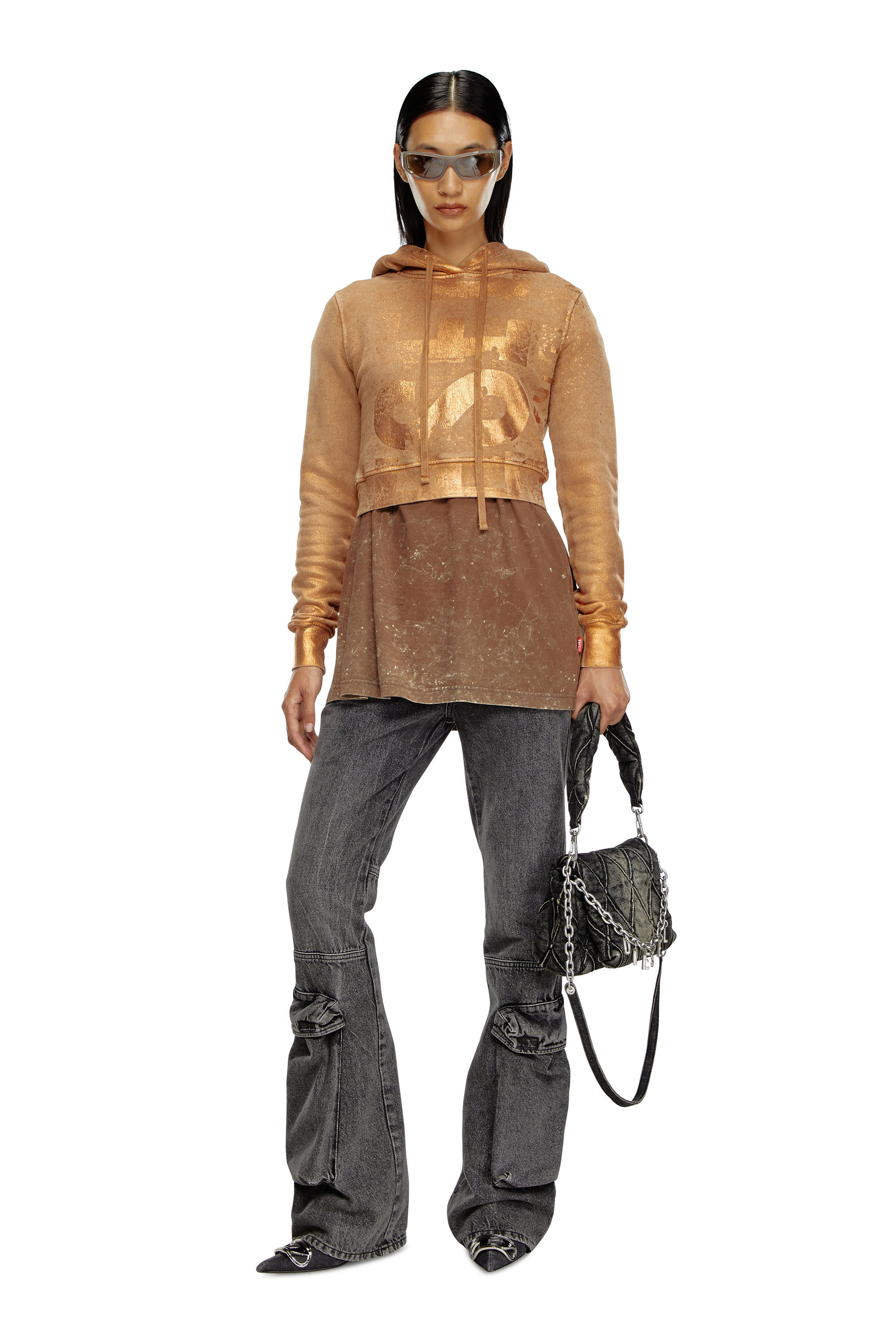 Diesel - F-SLIMMY-HOOD-P6, Woman Cropped hoodie with metallic effects in Brown - Image 1