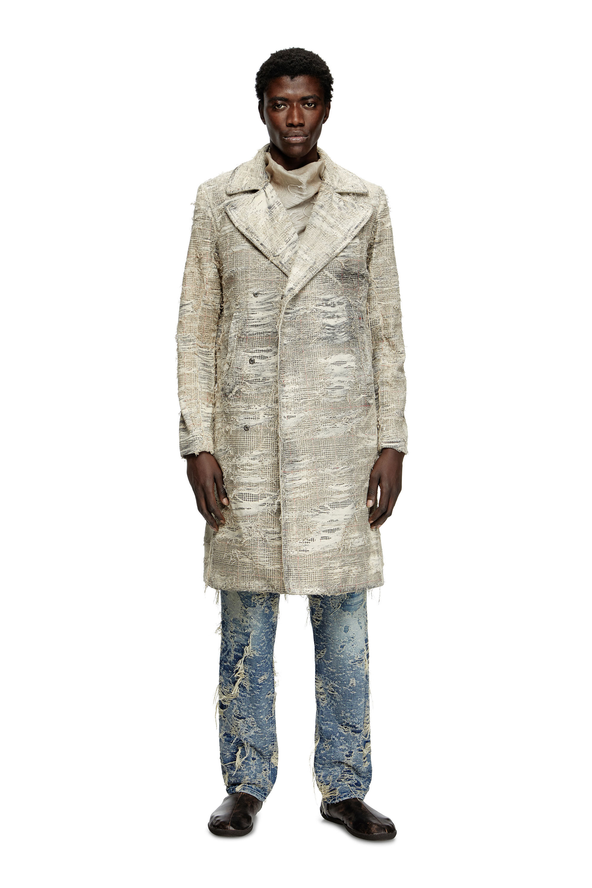 Diesel - D-ISCO-FSG, Man's Coat in distressed Prince of Wales denim in Grey - 1