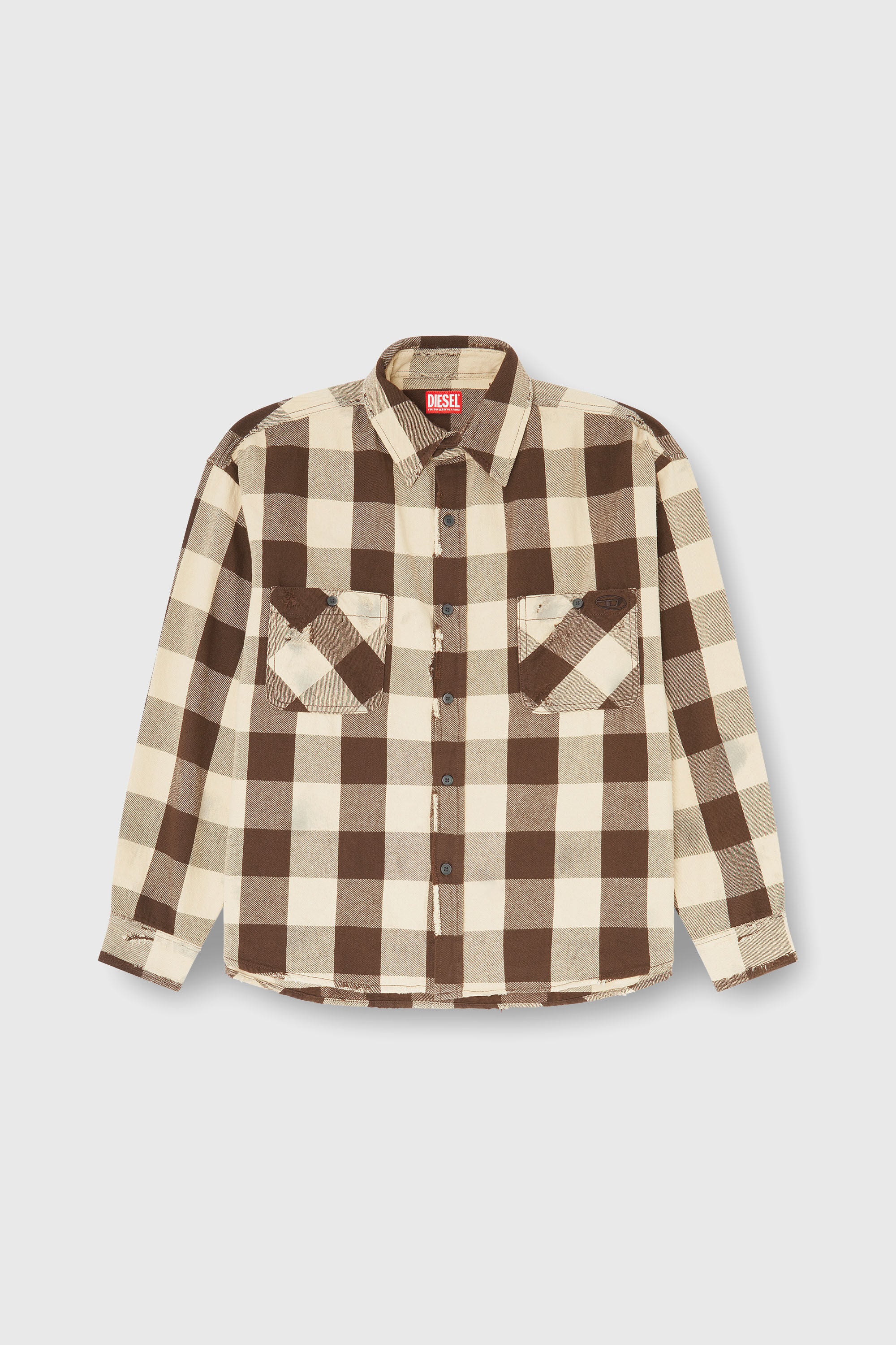 Diesel - S-DRUM, Man's Check flannel shirt with distressed effect in Beige/Brown - 2