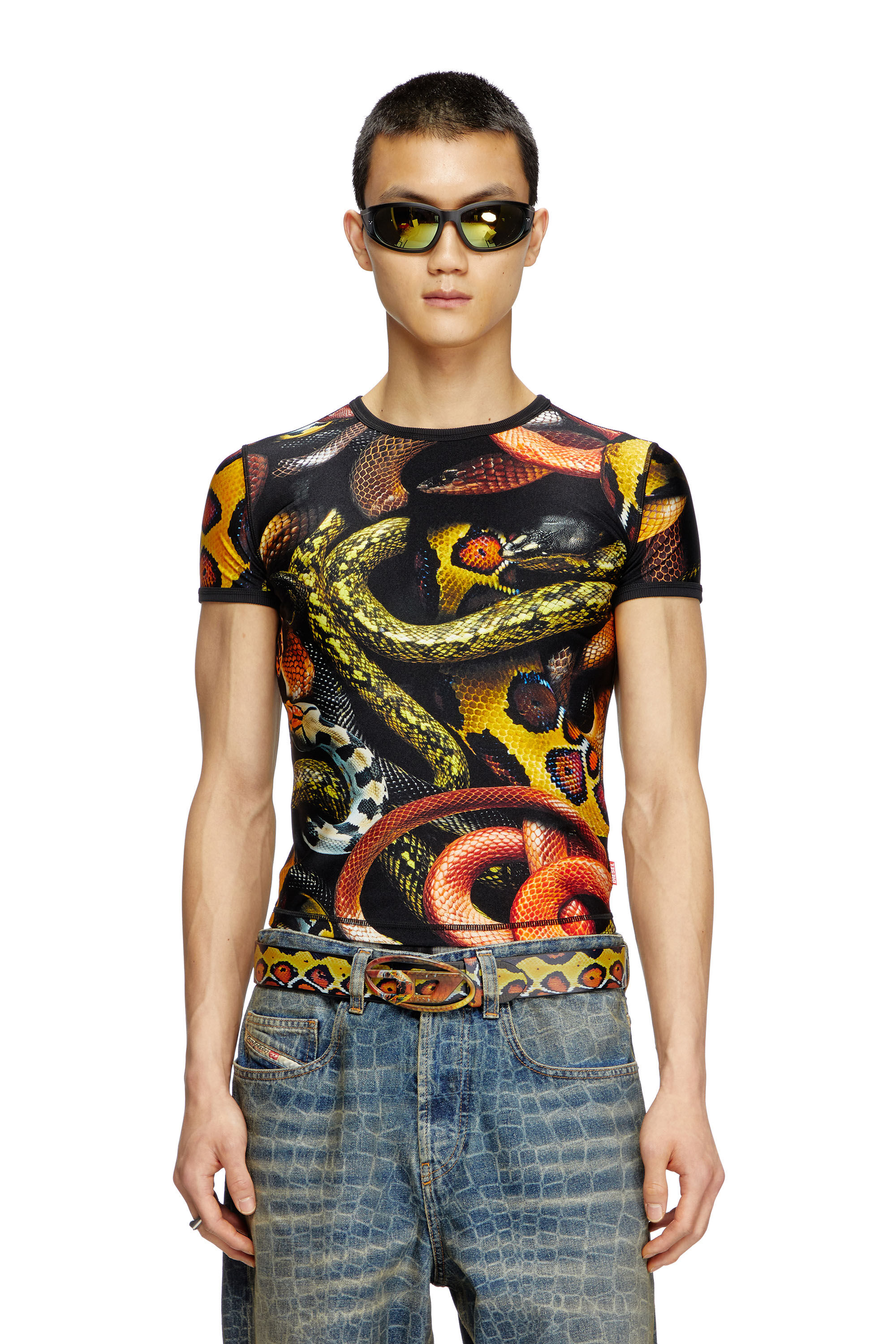 Diesel - CL-T-UNCLE-SNAKE, Unisex's Lycra T-shirt with all-over snake print in Black/Yellow - 3