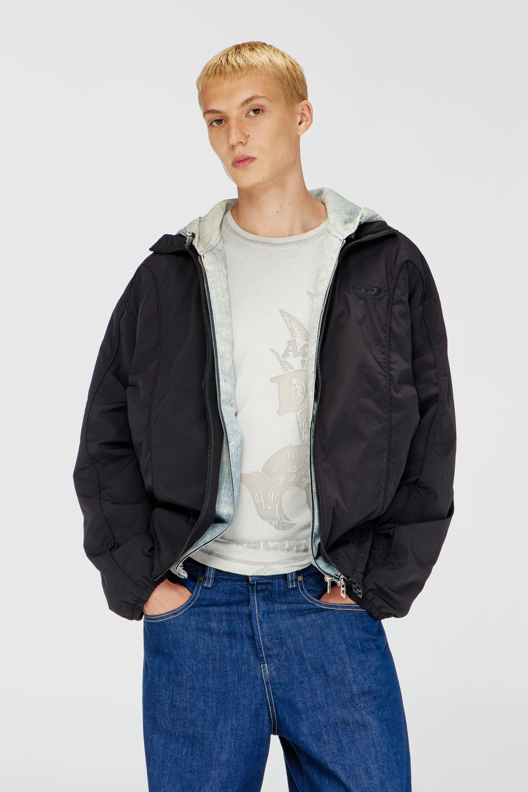 Men's Crinkled-nylon jacket with piping | Black | Diesel KH