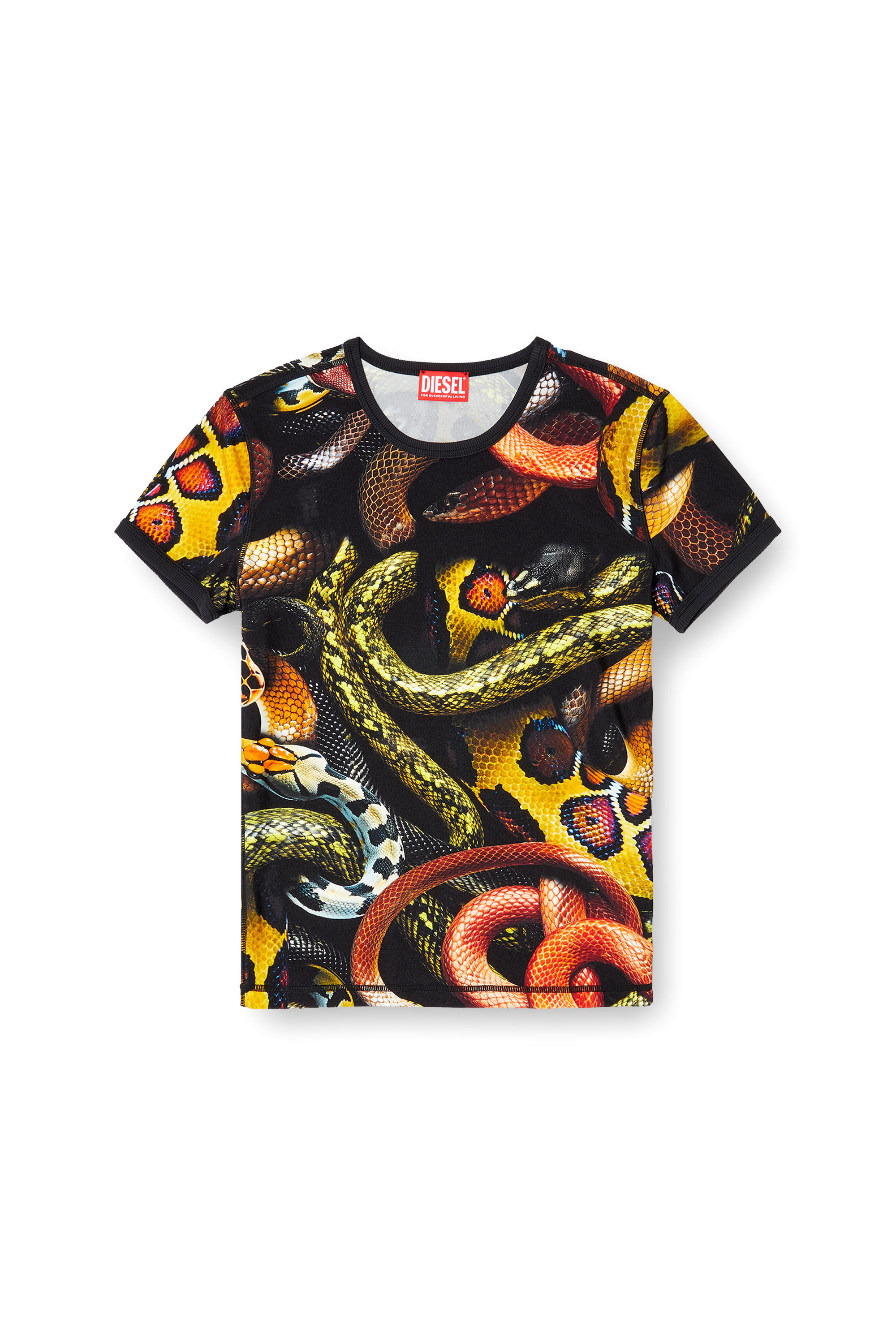 Diesel - CL-T-UNCLE-SNAKE, Unisex's Lycra T-shirt with all-over snake print in Black/Yellow - 2