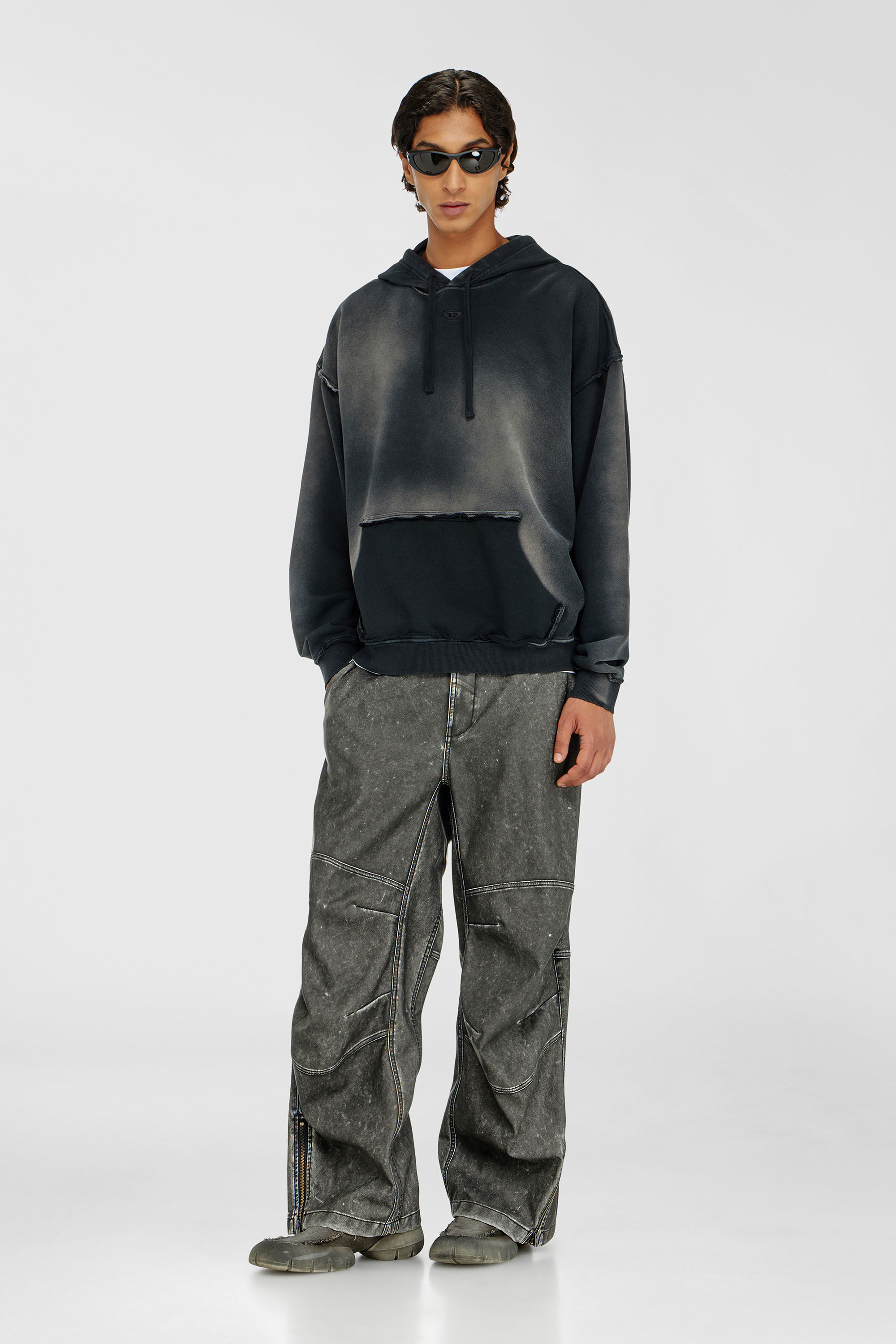 Diesel - S-POCK-HOOD, Man's Faded cotton hoodie with frayed details in Black/Grey - 1