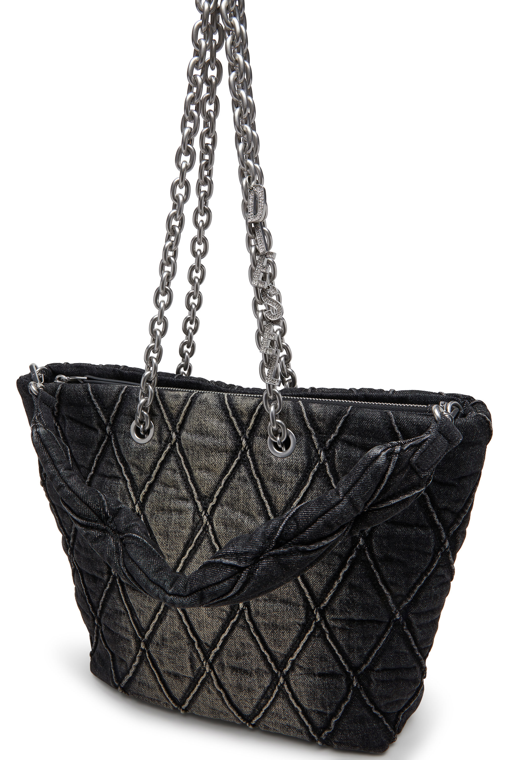 Diesel - CHARM-D SHOPPER M, Woman's Charm-D-Tote bag in quilted denim in Black - 5