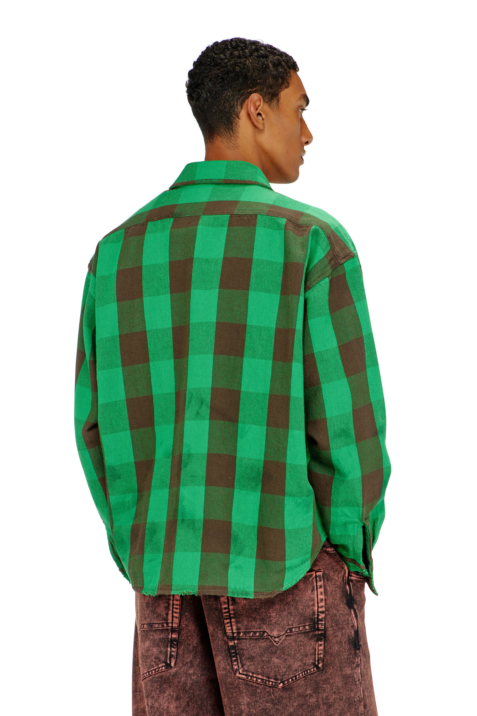 Diesel - S-DRUM, Man's Check flannel shirt with distressed effect in Green/Brown - 3