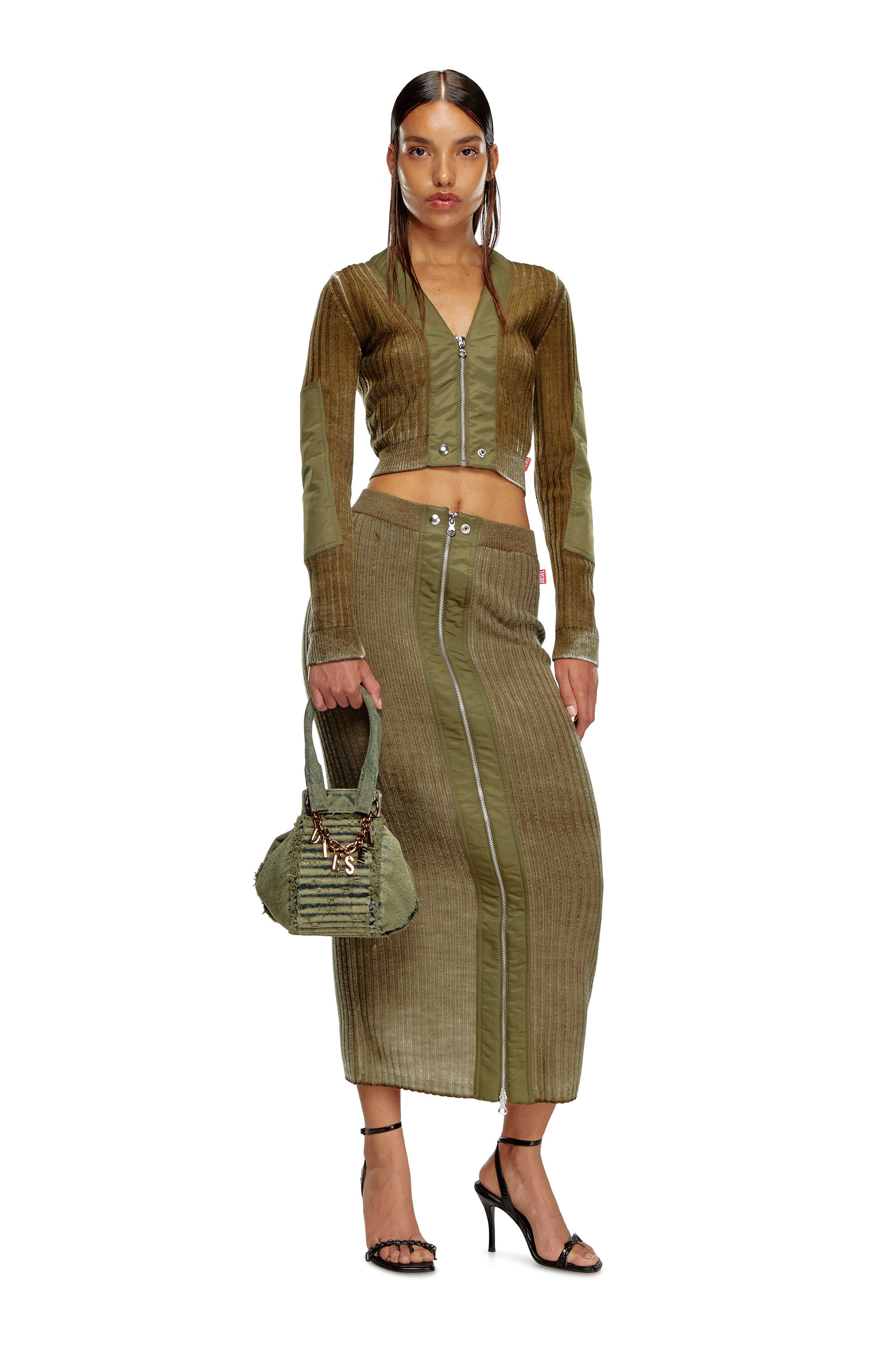 Diesel - M-ASI, Woman Midi skirt in treated wool knit in Green - Image 1