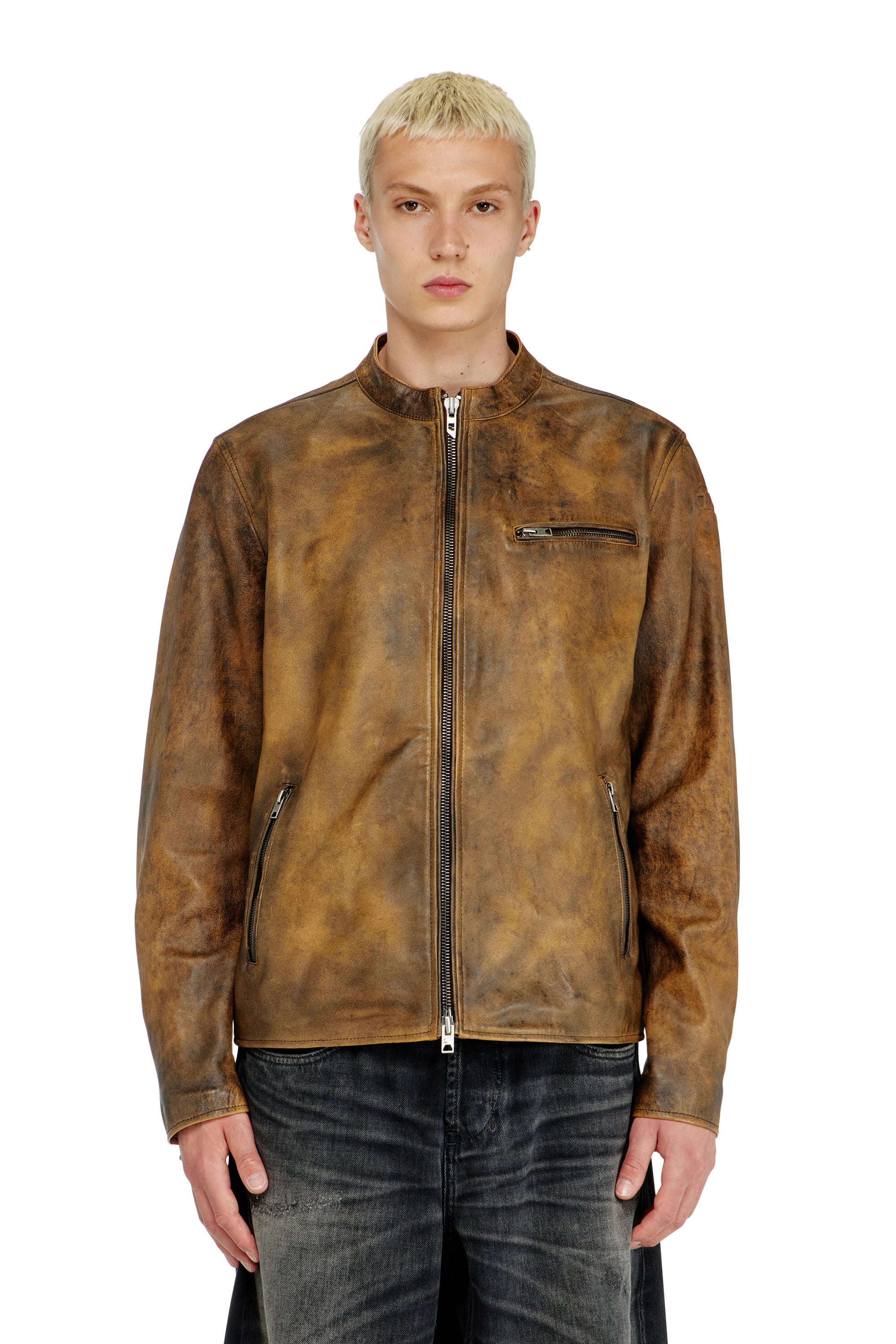 Men's Biker jacket in treated leather | Brown | Diesel KH