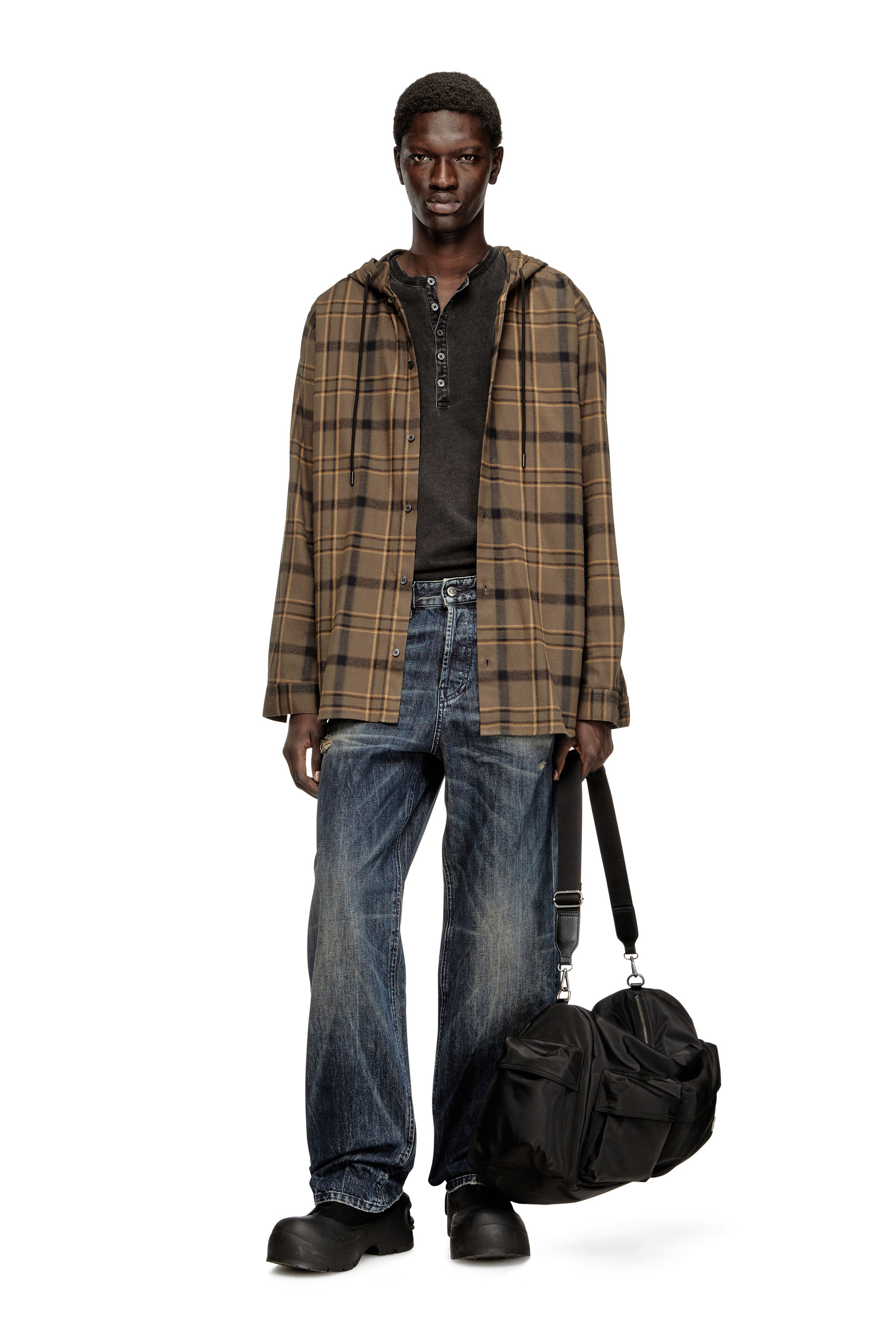 Diesel - S-IX, Man's Hooded shirt in check flannel with logo in Brown - 2