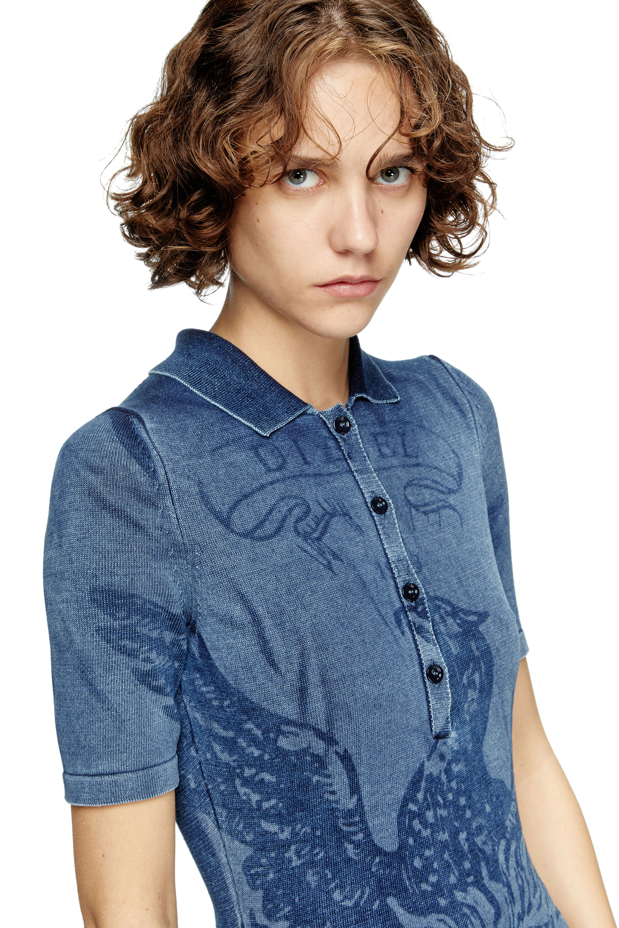 Diesel - M-FENNY-DRS, Woman's Polo midi dress in denim-effect knit in Medium blue - 5