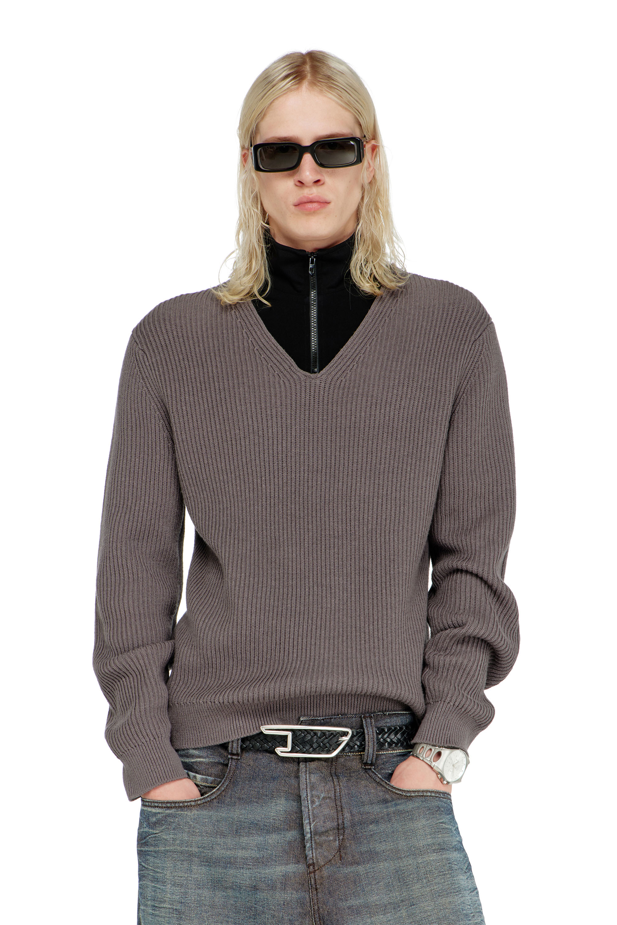Diesel - K-MAMU, Man's Half-zip sweater with layered neckline in Black/Grey - 3