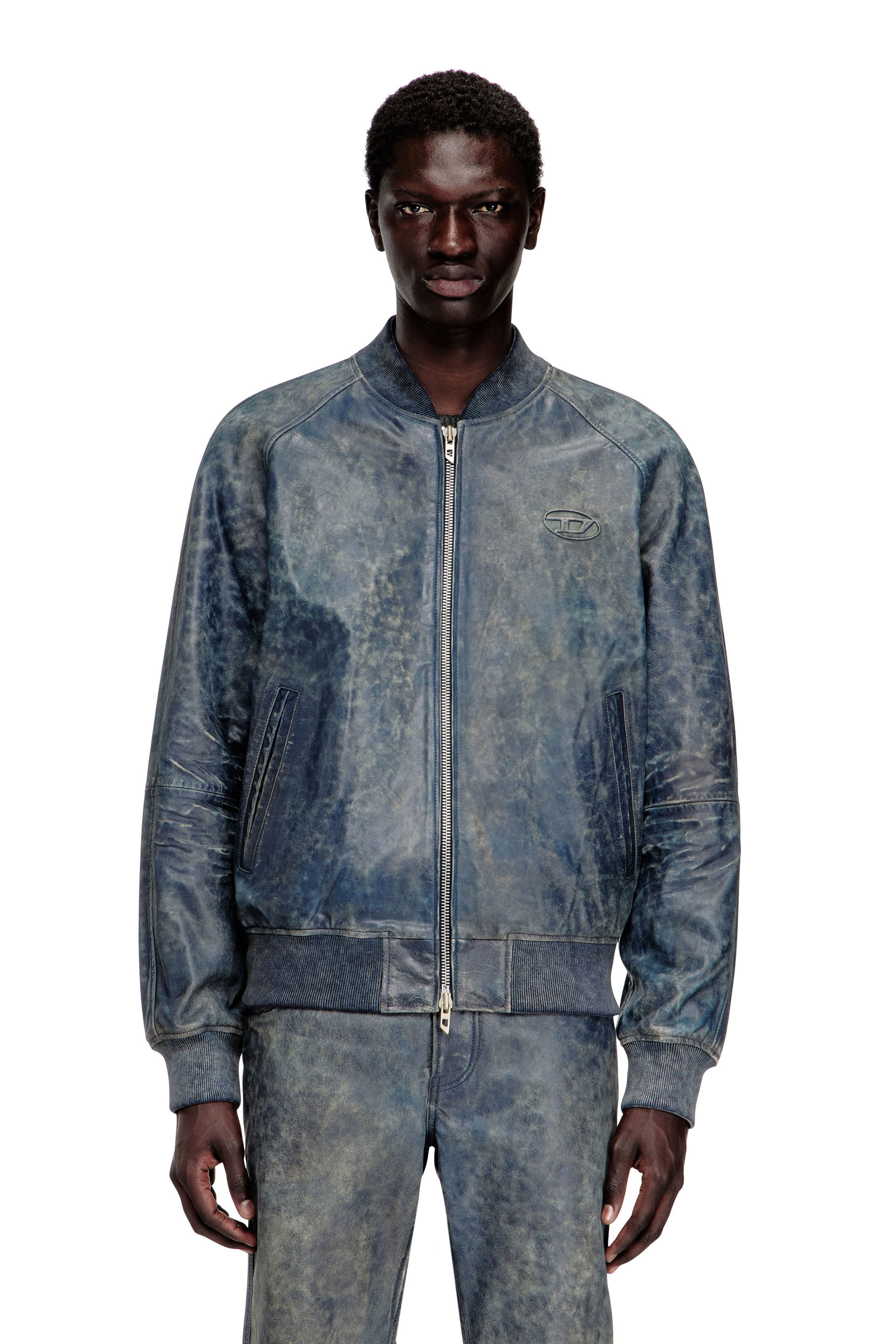 Diesel - L-COBB, Man's Bomber jacket in treated leather in Blue - 1