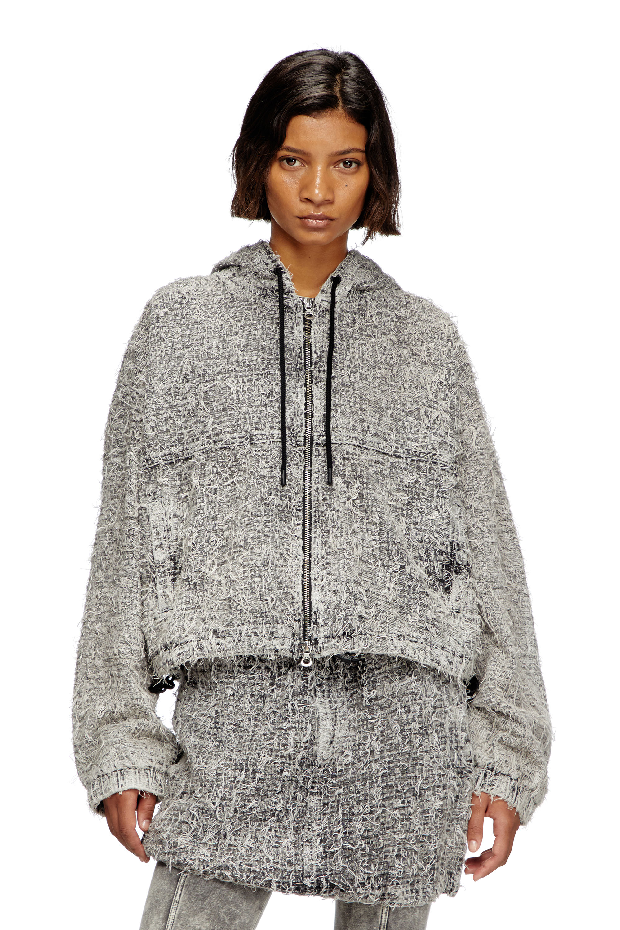 Diesel - DE-FLOW-S1, Woman's Hooded jacket in bouclé denim in Grey - 1