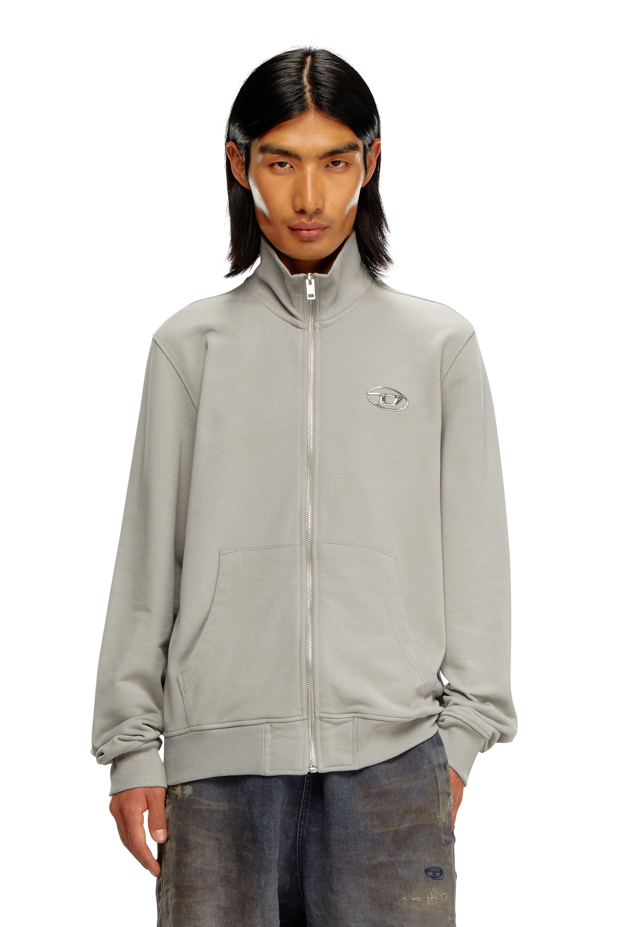 Diesel - S-GINNI-ZIP-OD, Man's Zip-up sweatshirt with metallic logo in Light Grey - 1