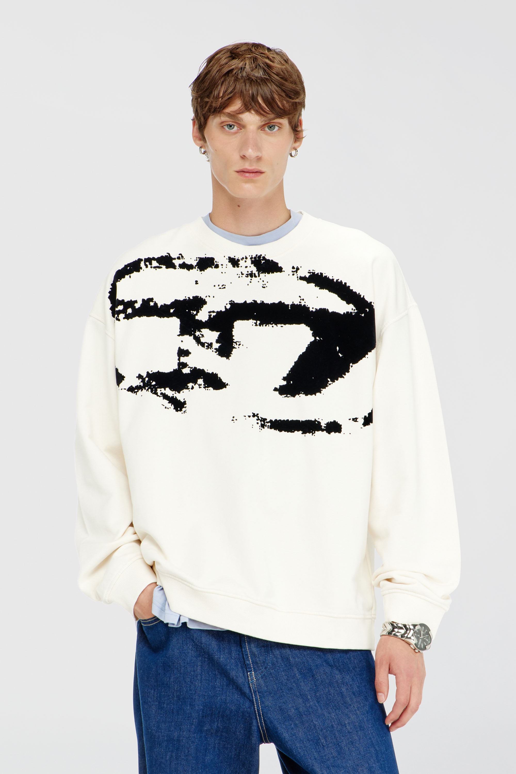 Diesel - S-BOXT-N5, Man's Cotton sweatshirt with flocked Oval D in Black/White - 1