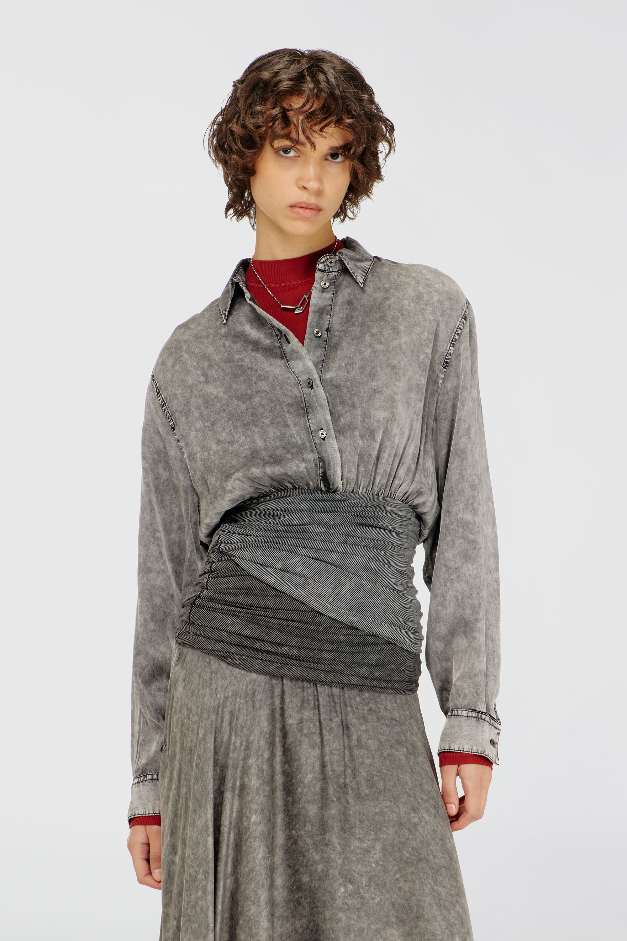 Diesel - C-ASSIA-B1, Woman's Satin shirt with twisted waist section in Dark grey - 3