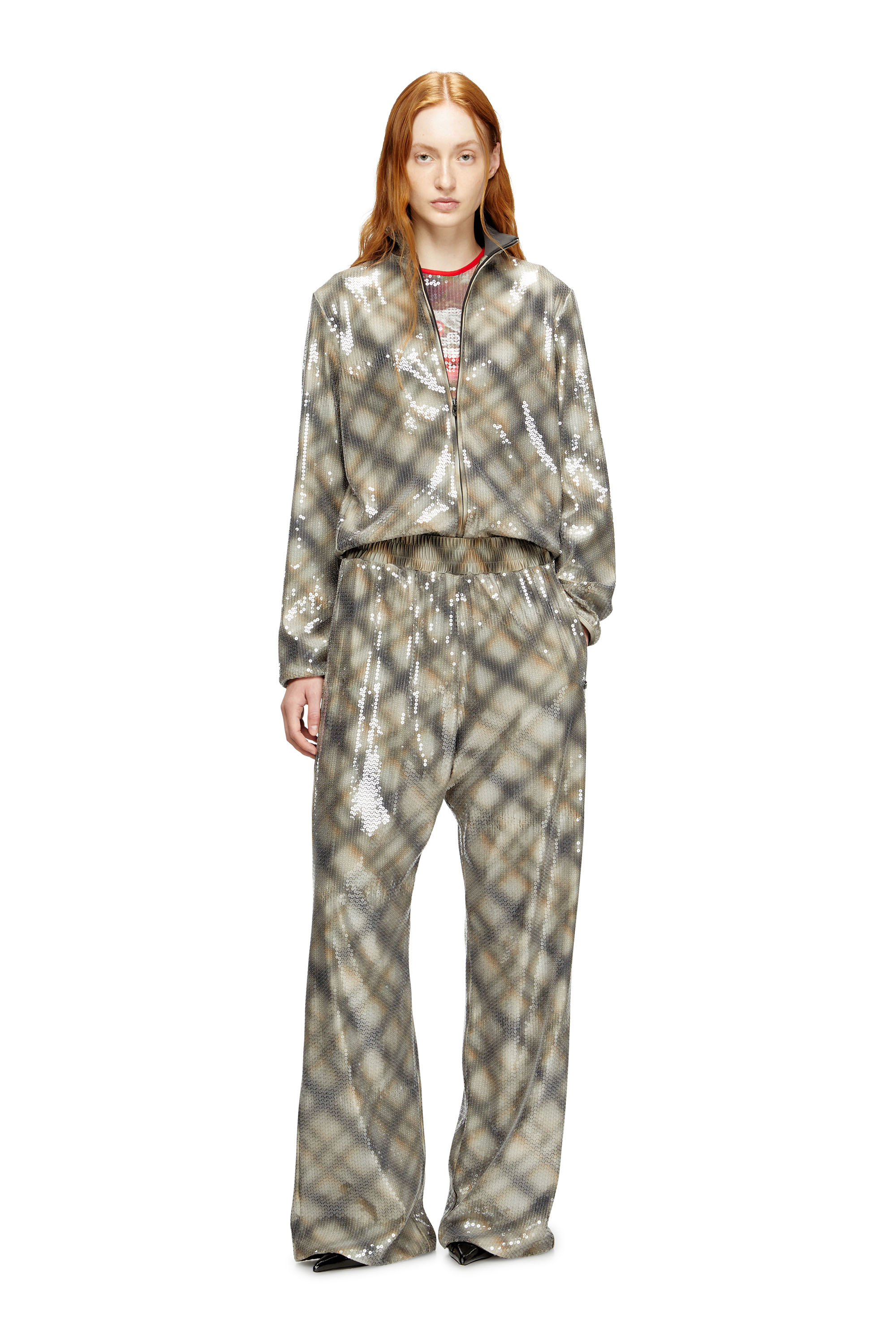 Diesel - F-EREQUINS, Woman's Sequined sweater with plaid design in Beige/Grey - 1