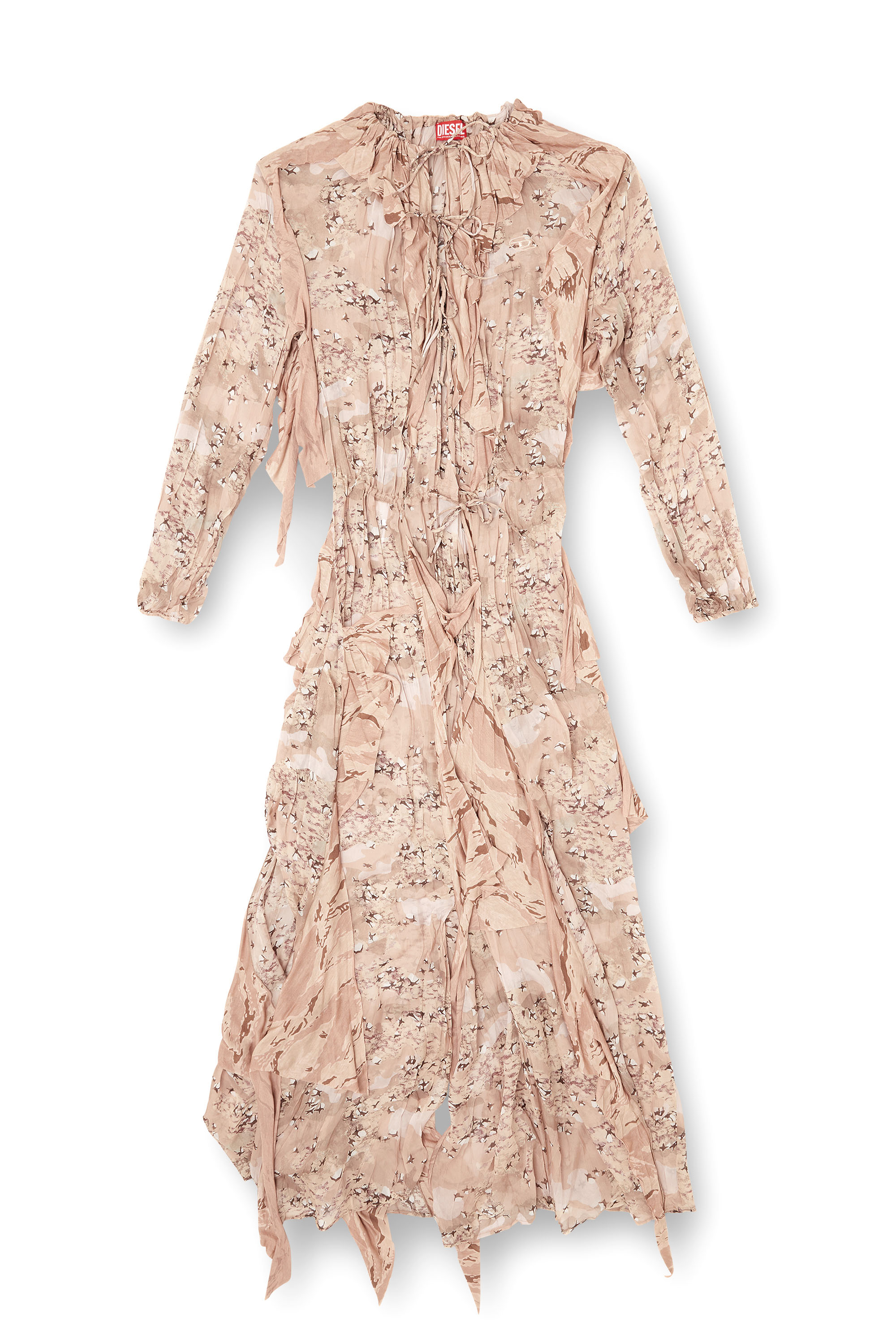 D-AZZLING-R1, Face Powder Diesel - D-AZZLING-R1, Woman's Ruffled maxi dress in camo chiffon in Face Powder - 2