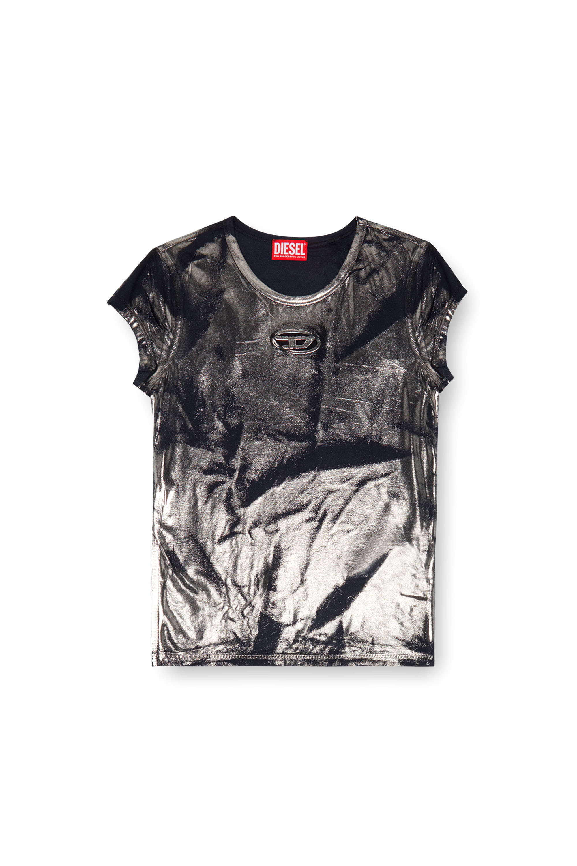 Diesel - T-ANGIE-P1, Woman Foiled T-shirt with cut-out logo in Black - Image 4