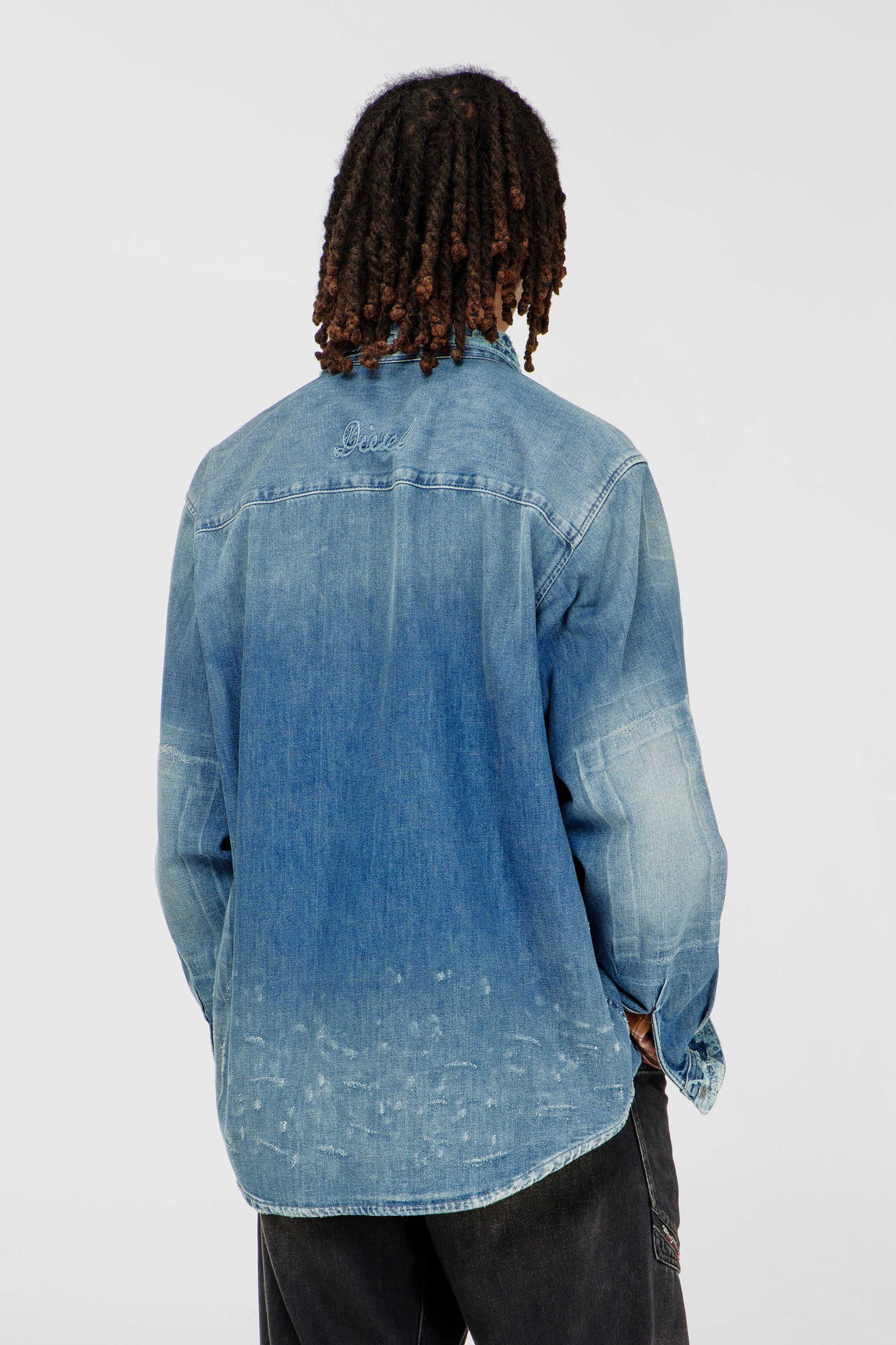 Diesel - D-SIMPLY, Man's Shirt in distressed patch-effect denim in Medium blue - 4