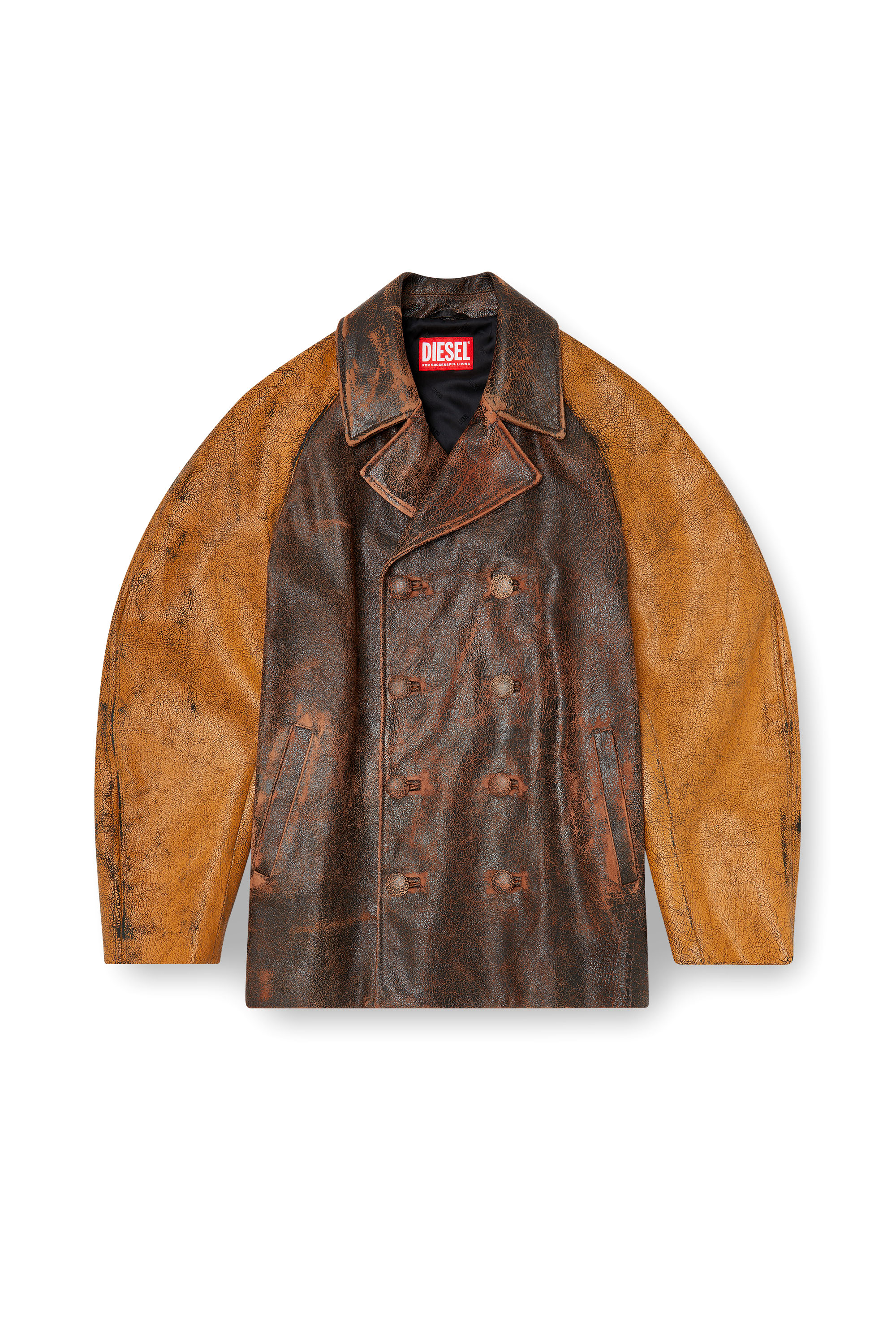 Diesel - L-NAHUN, Man's Cocoon peacoat in crackle leather in Brown - 2